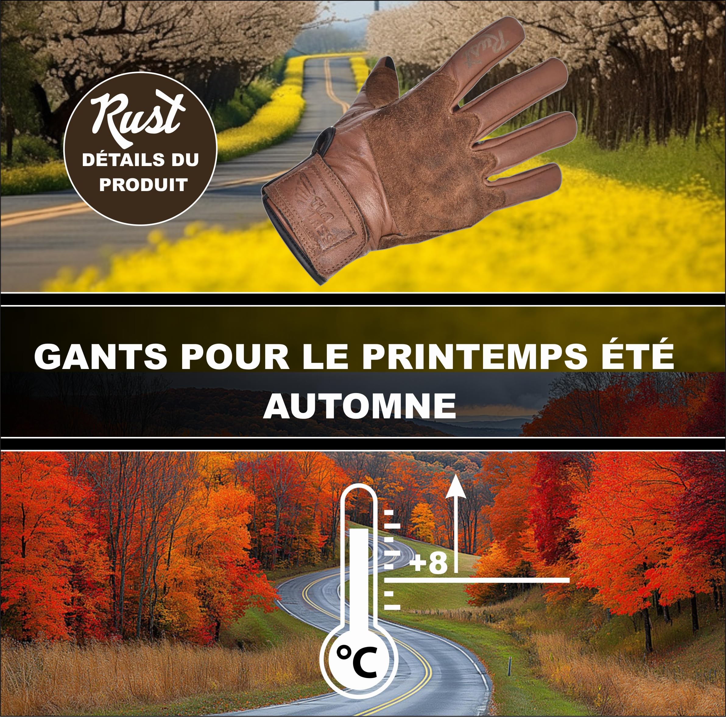 TLA Rust Gants de Moto Vintage en Cuir, Protections des articulations, homologuées CE, 2XS à 4XL pour Hommes et Femmes, pour cafè Racer, Scooter, écrans tactiles, Protection Contre Les Chocs élevés.