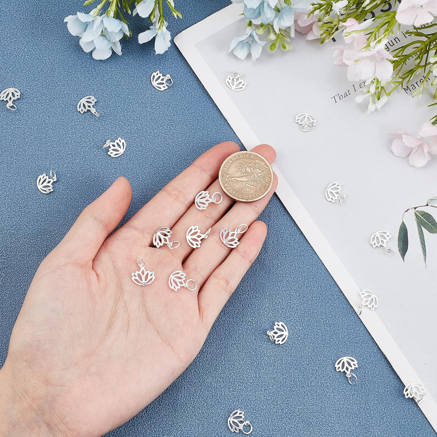 CHGCRAFT 20pcs 11mm 925 Sterling Silver Yoga Lotus Flower Charm Pendants Silver Hollowed Lotus Charms with Jump Ring for Bracelets Keychain Necklace DIY Craft Jewelry Making Supplies