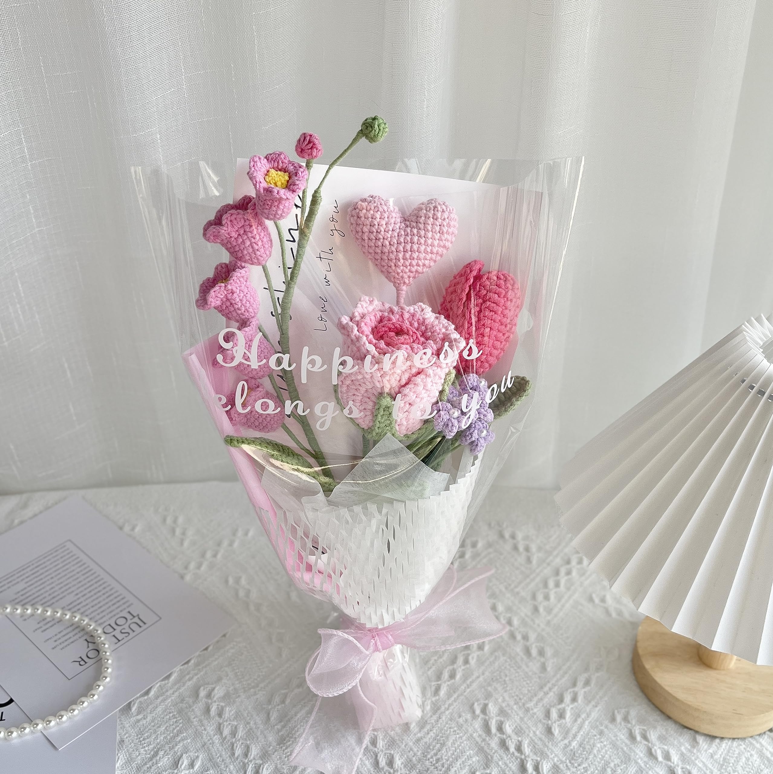 JOMODECOR Handmade Crochet Rose Heart Bouquet, Knitted