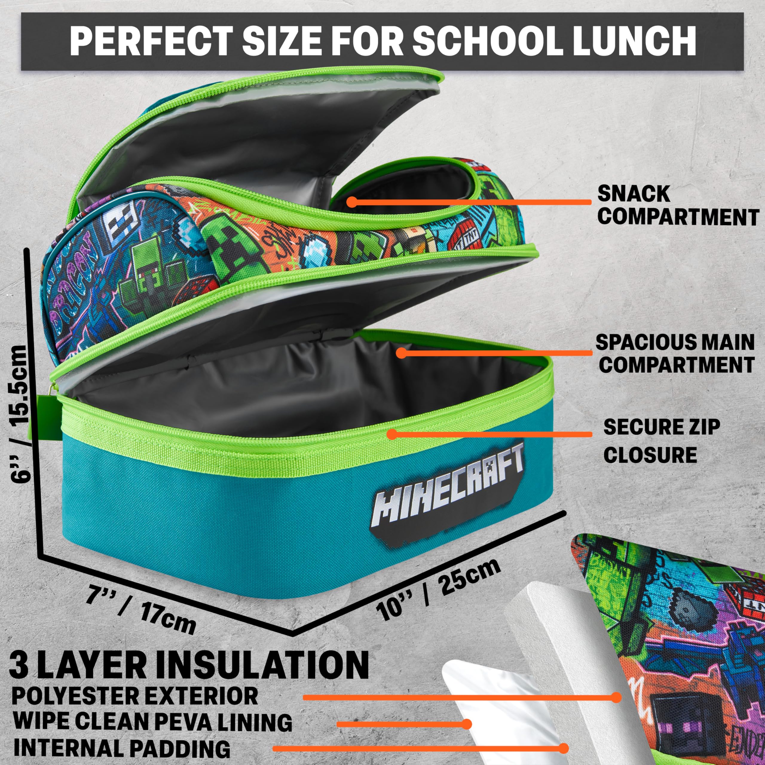 Get Trend Minecraft Sac Isotherme Repas Enfant Set, 3 Pcs Lunch Bag Isotherme, Bento Lunch Box et Sans BPA Gourde avec Paille, Avec Poigné et Fermeture Eclair, Cadeau Garcon (Multi Minecraft)
