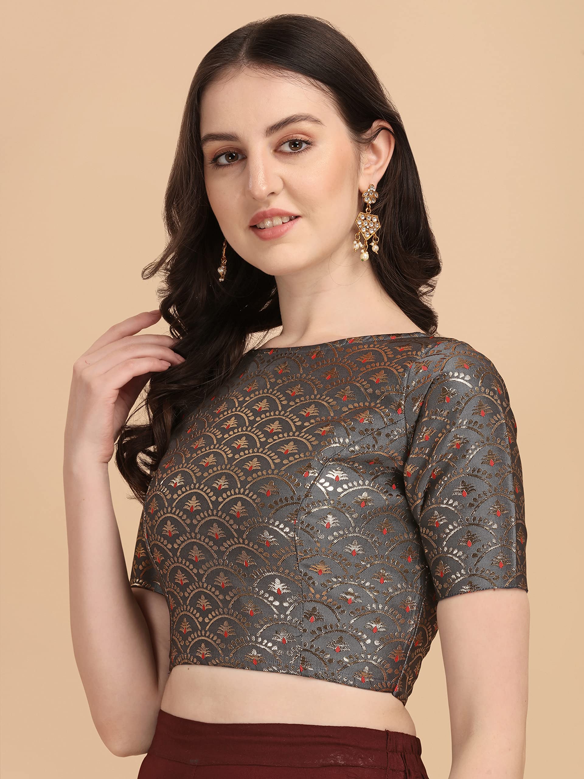 Oomph Women's Indian Ethnic Wear Designer Zari Work Boat Neck Half Sleeve Cloud Grey Color Blouse For Saree Or Lehnga And Palazzos Or Skirts For A Fusion Twist.