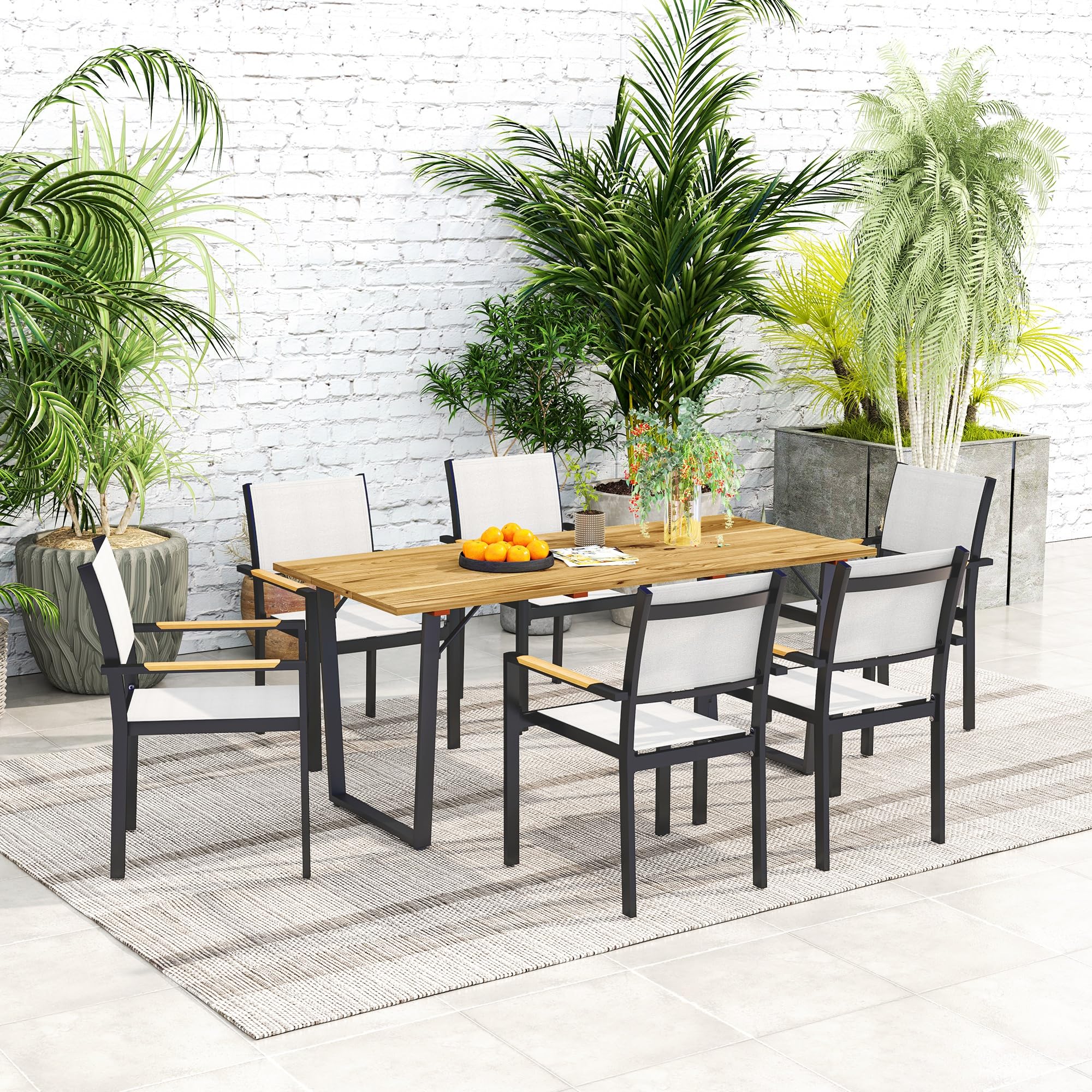 Outsunny Tavolo da Giardino per 6 Persone con Foro per Ombrellone, Tavola da Pranzo Rettangolare in Legno e Acciaio, Per Patio, Terrazzo, Balcone ed Esterno, 175x80x75 cm, Marrone