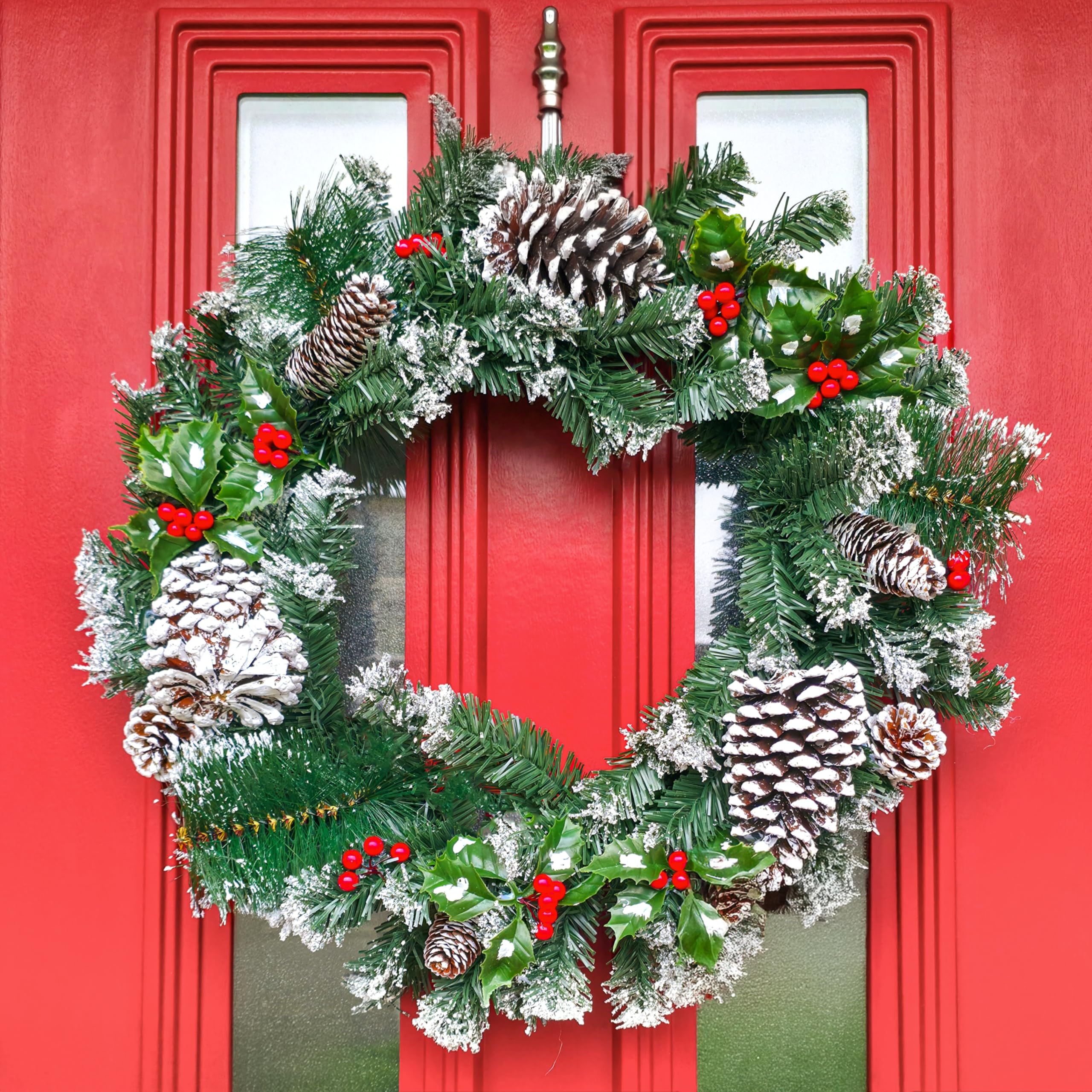 Homezone Green 50Cm Snow Flocked Christmas Wreath - Artificial Front Door Wreath With Pinecones And Berries - Traditional Indoor And Outdoor Winter Xmas Garland Decoration
