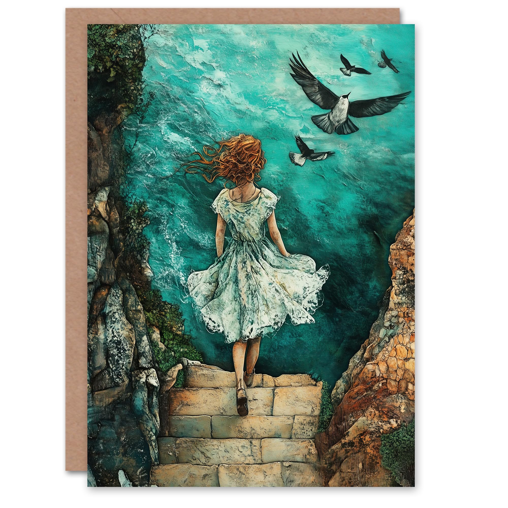 Artery8 Greeting Card Surreal Dream Dive Girl Stone Steps Sea Birds Blank For Him Or Her Art Birthday Card