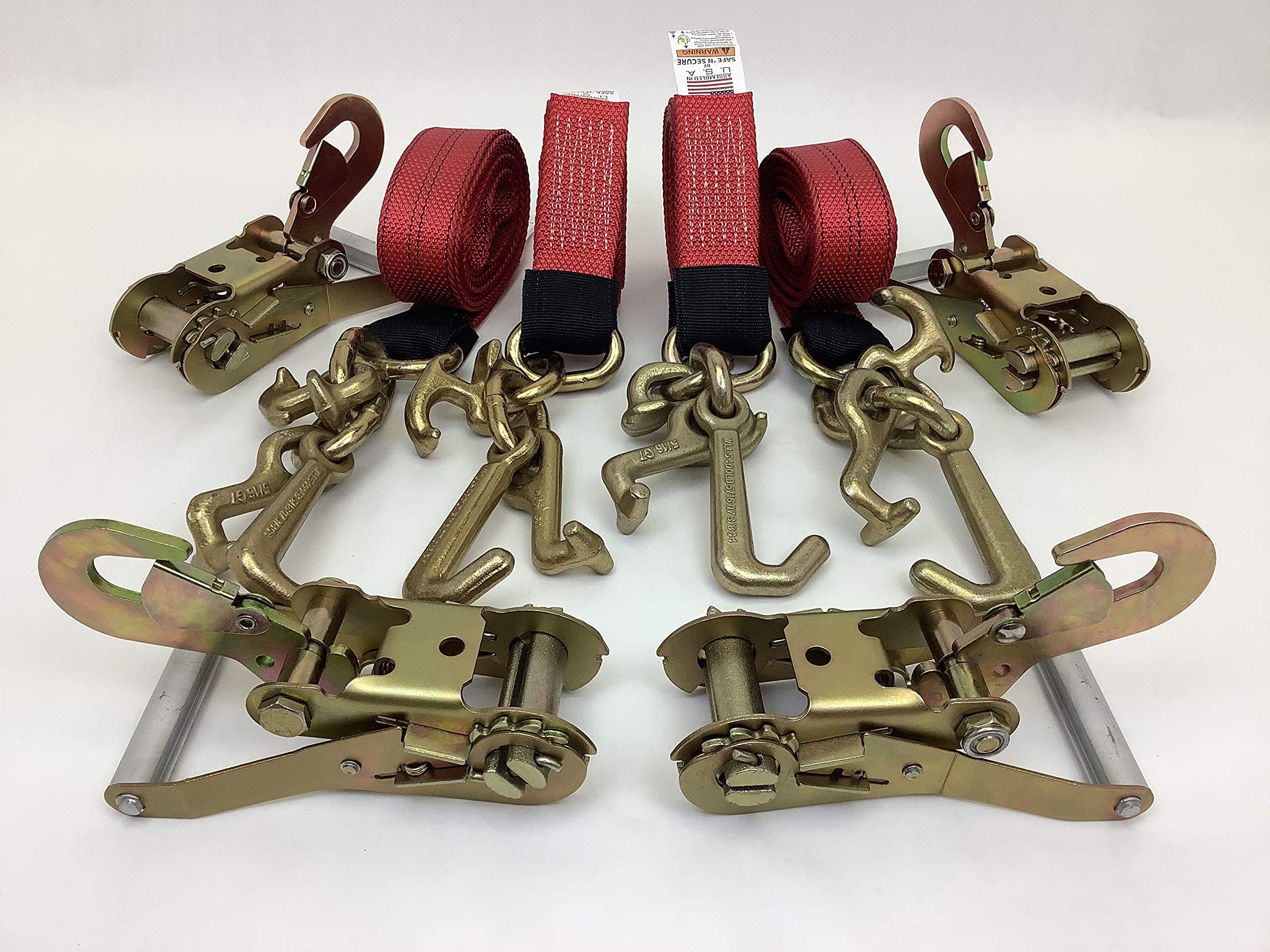 RTJ Cluster Hook Frame Strap and Ratchet Auto Tie Down Tow Truck Roll Back Car Hauler Wrecker (4, Red & Snap Hook Ratchet)