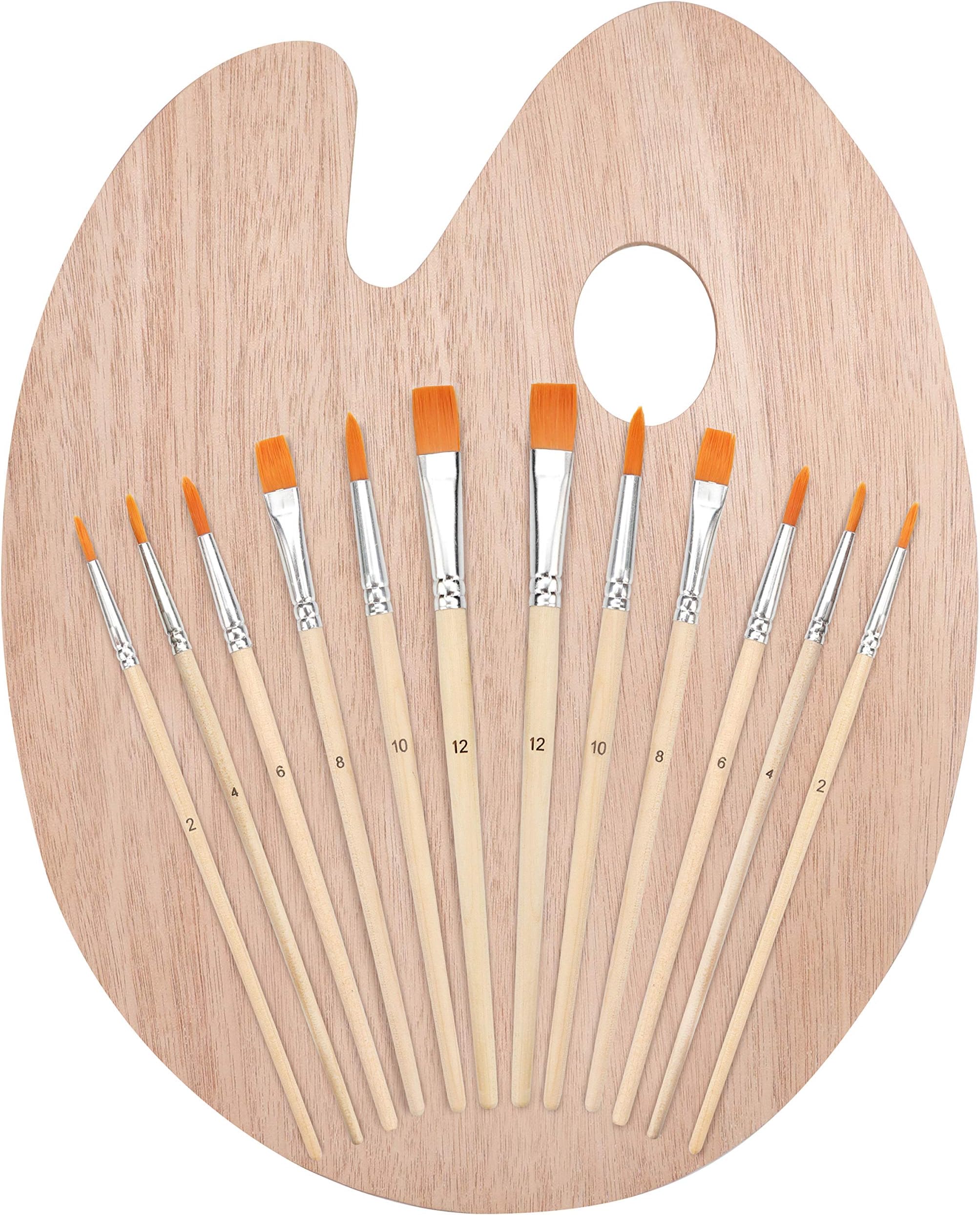 Kurtzy 12 Paint Brush Set with Wooden Palette & Hand Held Oval Artists