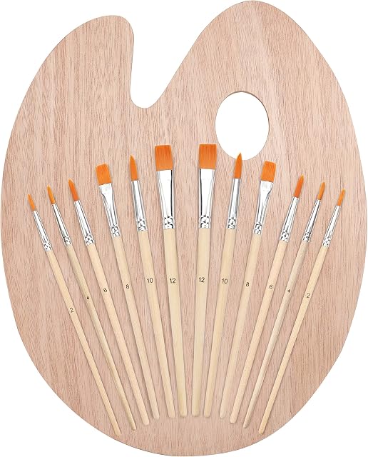 Kurtzy Paint Brush Set with Wooden Palette (12 Brushes) & Hand Held Oval Artists Painters Palette - Use with Acrylic, Oil & Watercolour Paints - for Painting Canvas, Ceramic, Clay, Wood & Models