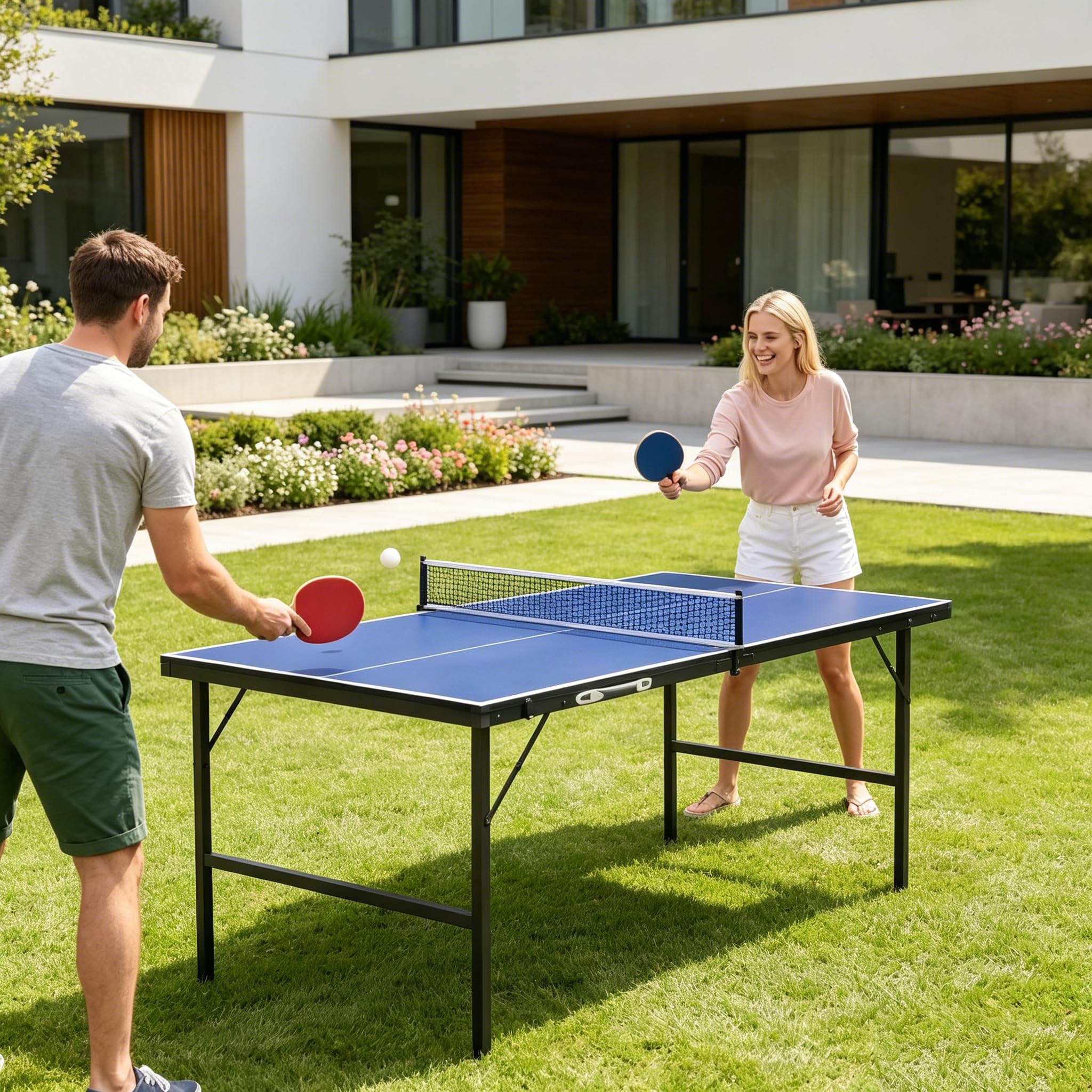 YRHome Mini mesa de ping pong plegable 153 x 75 x 80 cm, 14 mm laminado MDF con estructura de acero galvanizado, diseño de maletín portátil, incluye 2 raquetas, 5 bolas de red, bolsa de almacenamiento