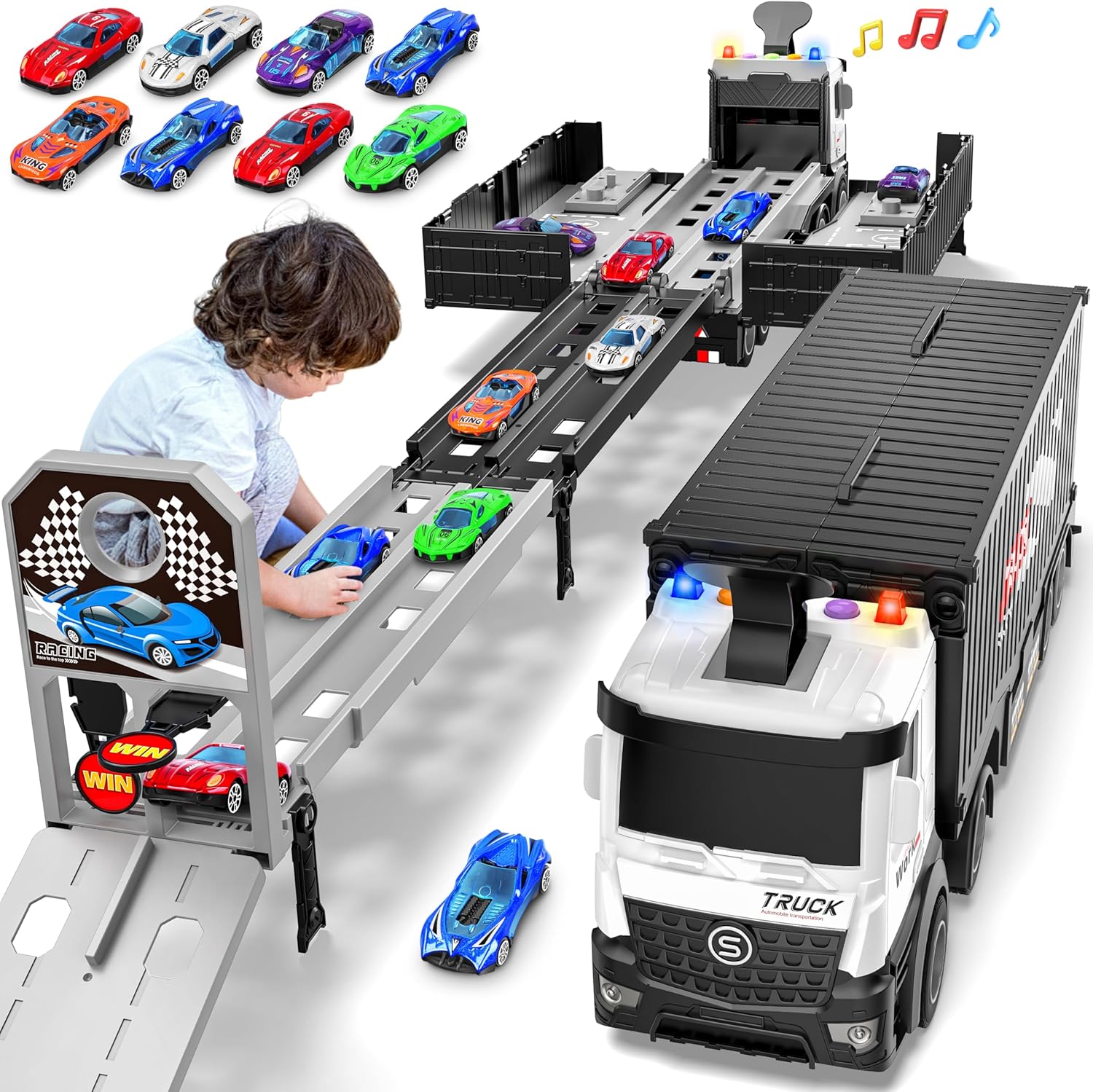 Carrier Truck Race Track Boys Toys, Foldable 3 Layer Car Race Track Playset, Toy Truck Transport Car Carrier & 8 Race Cars, Truck Car Toddlers Toys B-Day Gifts for Age 3 4 5 6+ Years Old Boys Toys Black