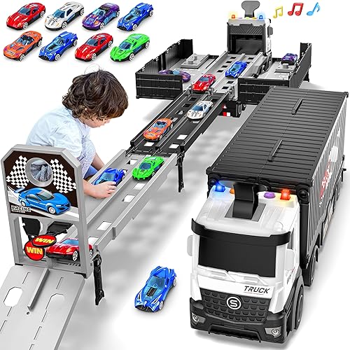 Camión transportador de carreras de juguetes para niños, juego plegable de 3 capas de pista de carreras, camión de juguete y 8 autos de carreras,