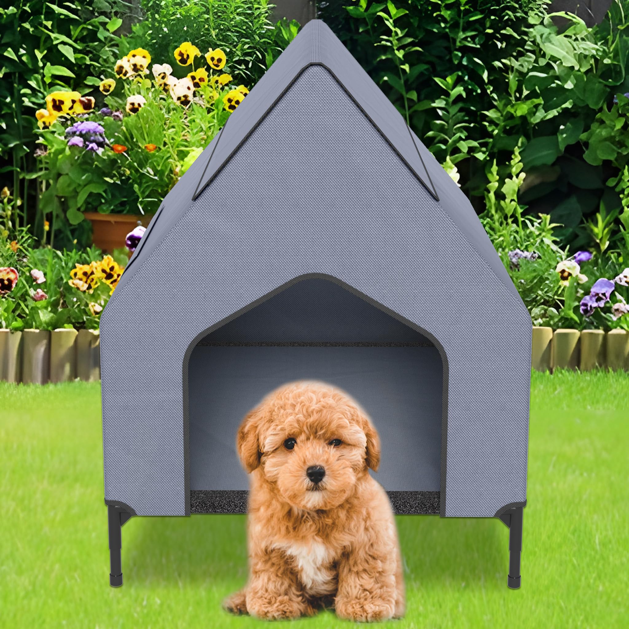 SUBTLETY Niche pour chien en tissu Oxford - Kit de construction - Avec toit amovible respirant et ouverture d'aération - Fenêtre et sol surélevé - Niche pour animaux de compagnie - Pour l'extérieur et