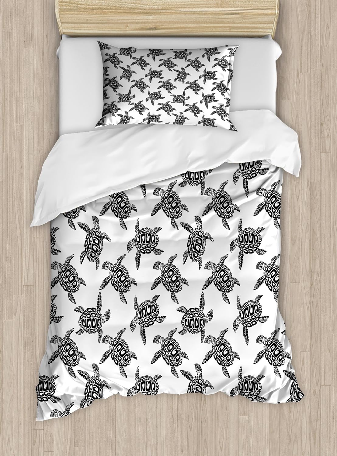 Lunarable Sea Animals Duvet Cover Set, Monochrome Illustration of Swimming Marine Sea Turtles with Tribal Details, Decorative 2 Piece Bedding Set with 1 Pillow Sham, Twin Size, Black and White Twin Black and White