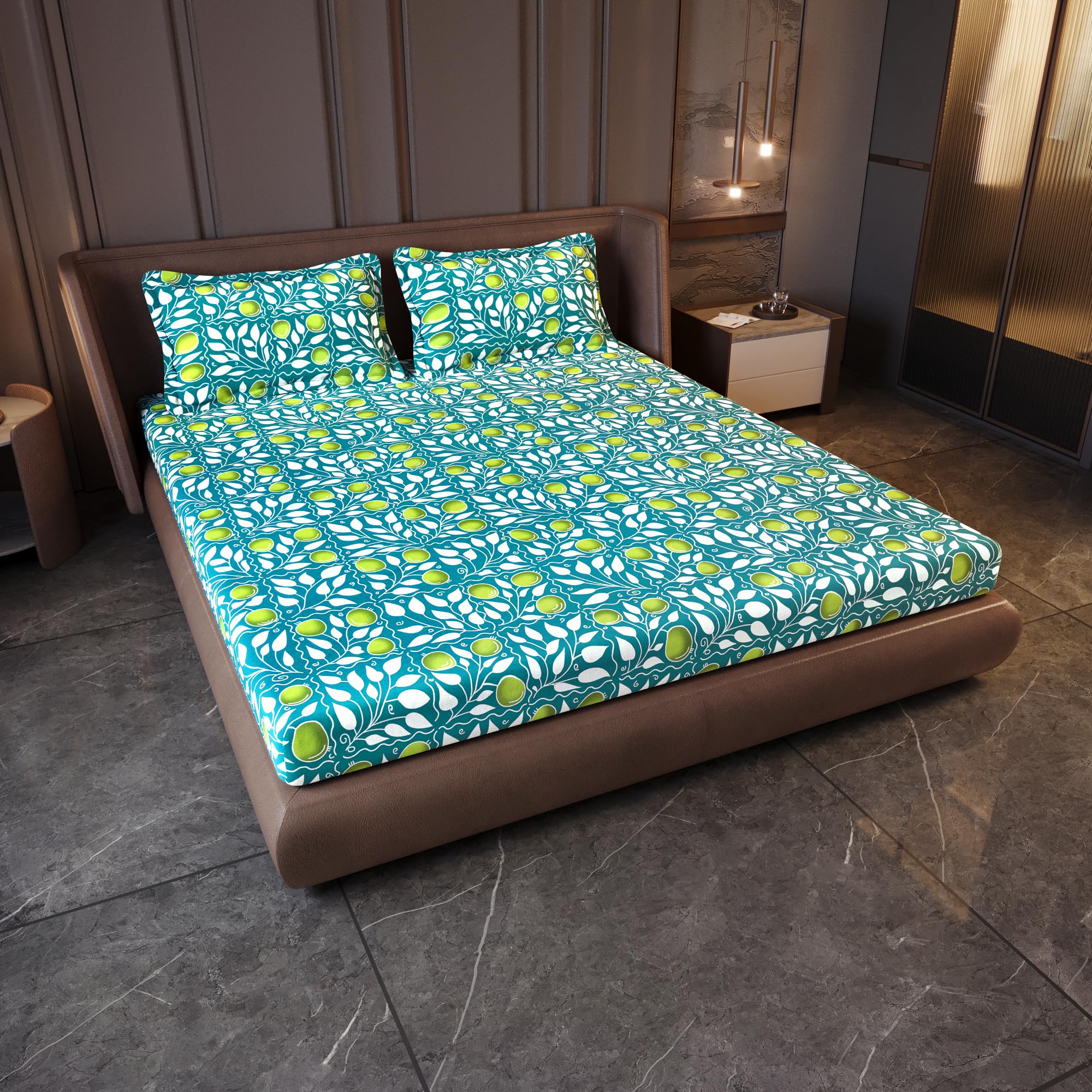 Divine Casa 144 TC Cotton King Size Bedsheet with 2 Pillow Covers | Soft Breathable Printed Bedsheet for King Size Bed | Bed Sheet Set for Bedroom & Guest Room | 270 x 270 cm (Teal & Yellow, Floral)