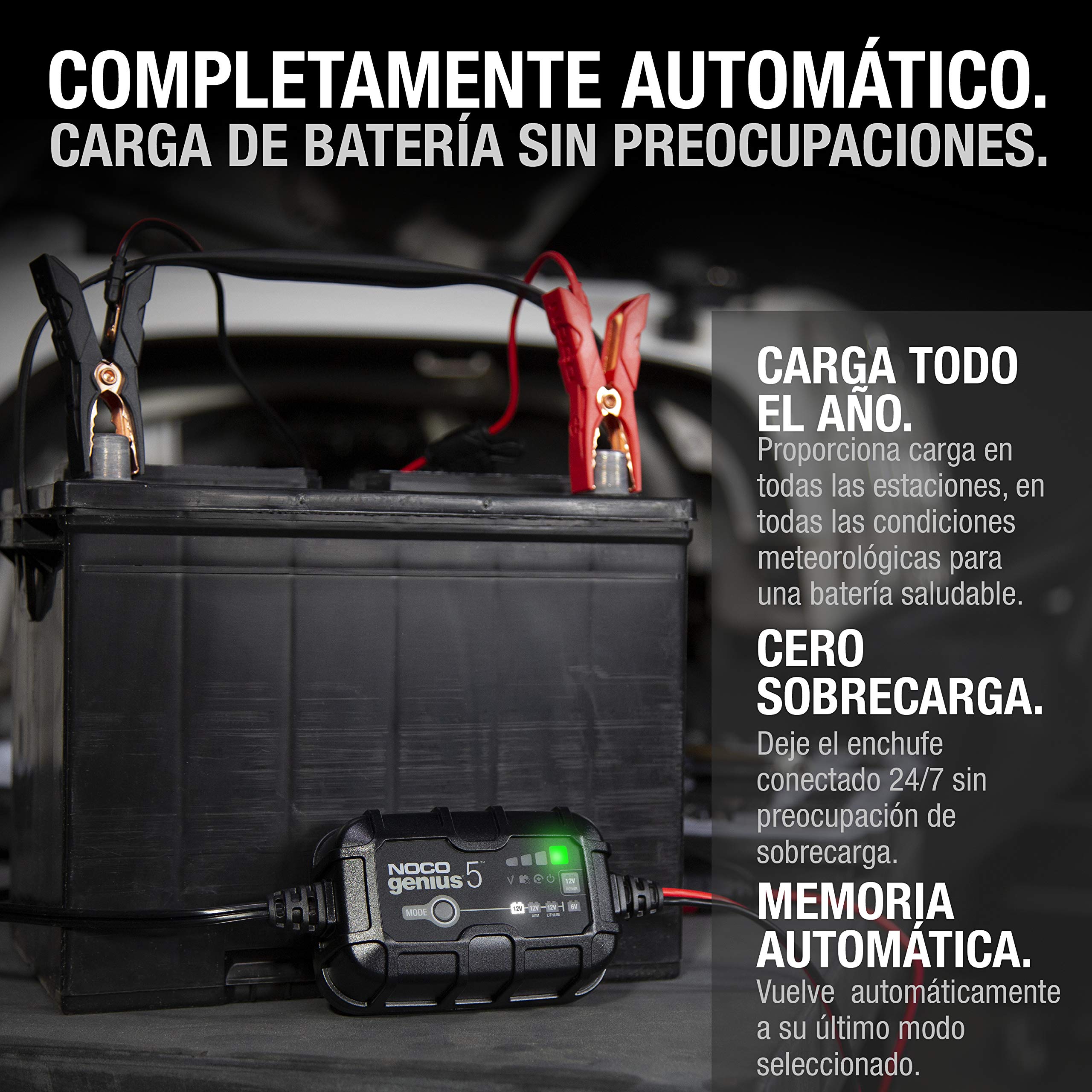 NOCO GENIUS5: Cargador Inteligente de baterías 5A 6V/12V – Mantenedor automático y desulfatador – Protección contra sobrecarga y compensación térmica – para baterías de Plomo y Litio