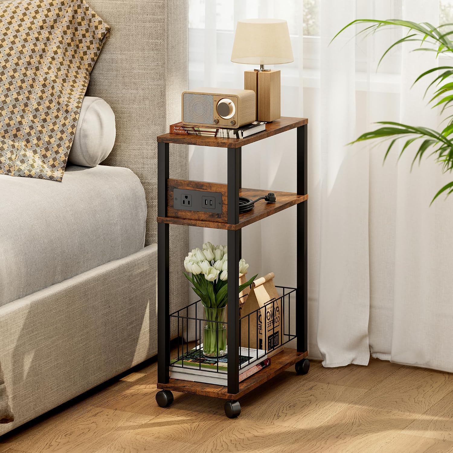 Rolling Side Table with Wheels, Narrow End Table with Charging Station