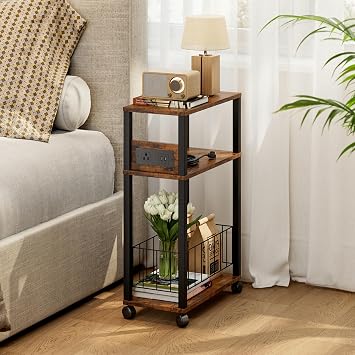 DGSANDGO Narrow Rolling Side Table with Charging Station Outlets/USB Ports & Storage Basket - Small Space End Table for Living Room Bedroom Office Rustic Brown