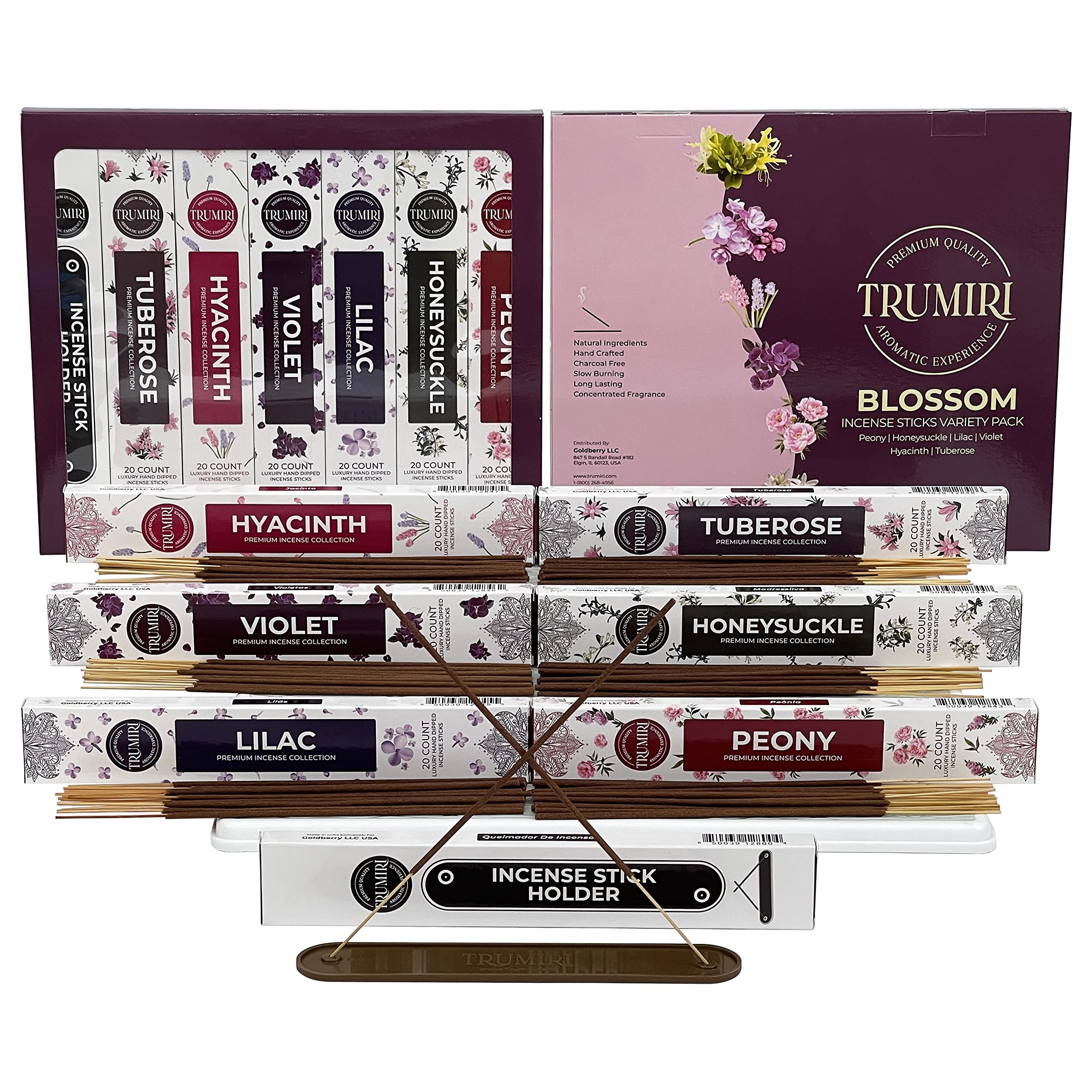 Blossom Incense Sticks Variety Pack - 120 Insence-Sticks (6 Incents x 20 Insense) - Peony Honeysuckle Lilac Violet Hyacinth Tuberose - Natural Inscents-Sticks Non Toxic Incienso + Stick Incense Holder