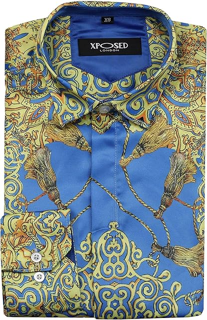 Xposed Mens Designer Style Blue Gold Floral Paisley Print Silky Satin Feel Party Dress Shirt
