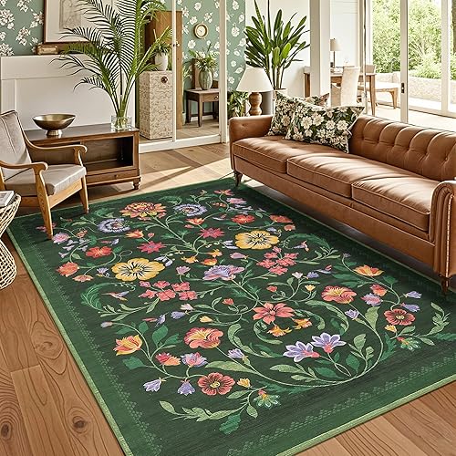 Washable Rug 5x7 Area Rugs for Living Room, Floral Rug for Bedroom, Soft Boho Non Slip Throw Rugs with Rubber Back, Low Pile Stain Resistant Vintage Floral Carpet for Dining Room, Green