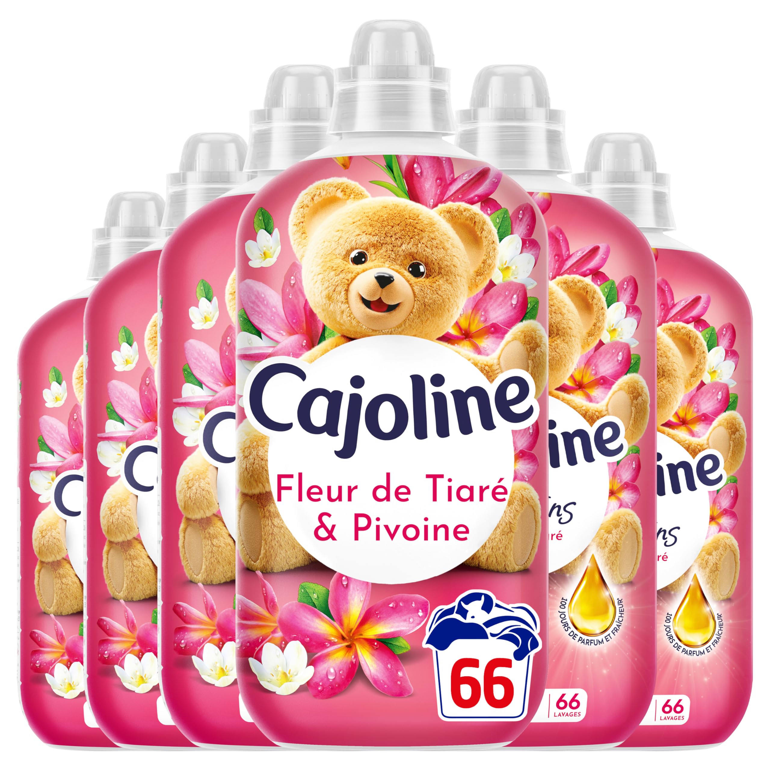 Cajoline Adoucissant linge liquide Fleur de la Tiaré & Pivoine Créations parfum et fraîcheur - 396 lavages -Lot de 6x66 lavages -1,386L