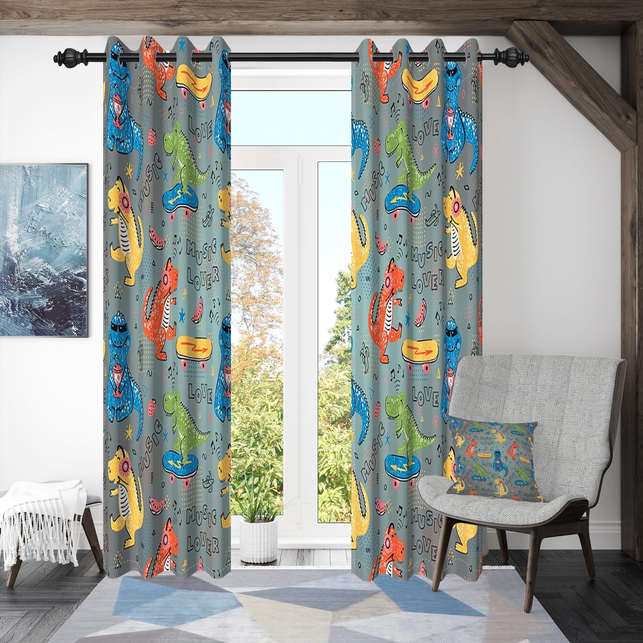 ggaimwf 42"x 63" Cartoon Dinosaur Eyelet Curtain for Kids Bedroom Cute Dino Skateboard Thermal Grommet Room Dividers Blackout Window Drapes for Nursery Boys Girls Playroom Living Room,2 Panels