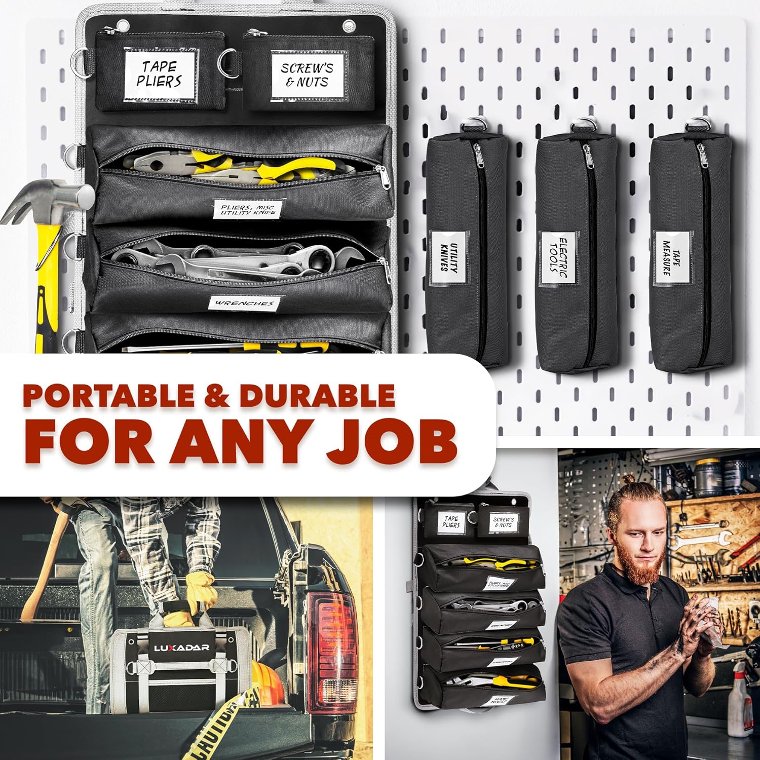 Updated Tool Roll Up Tool Bag Organizer, Name Tags, Advansed Features, Heavy Duty Tool Roll Bag Organizer, Mens Gifts For Him Motorcycle Mechanic & Electrician LUXADAR (6 Detachable Pouches)