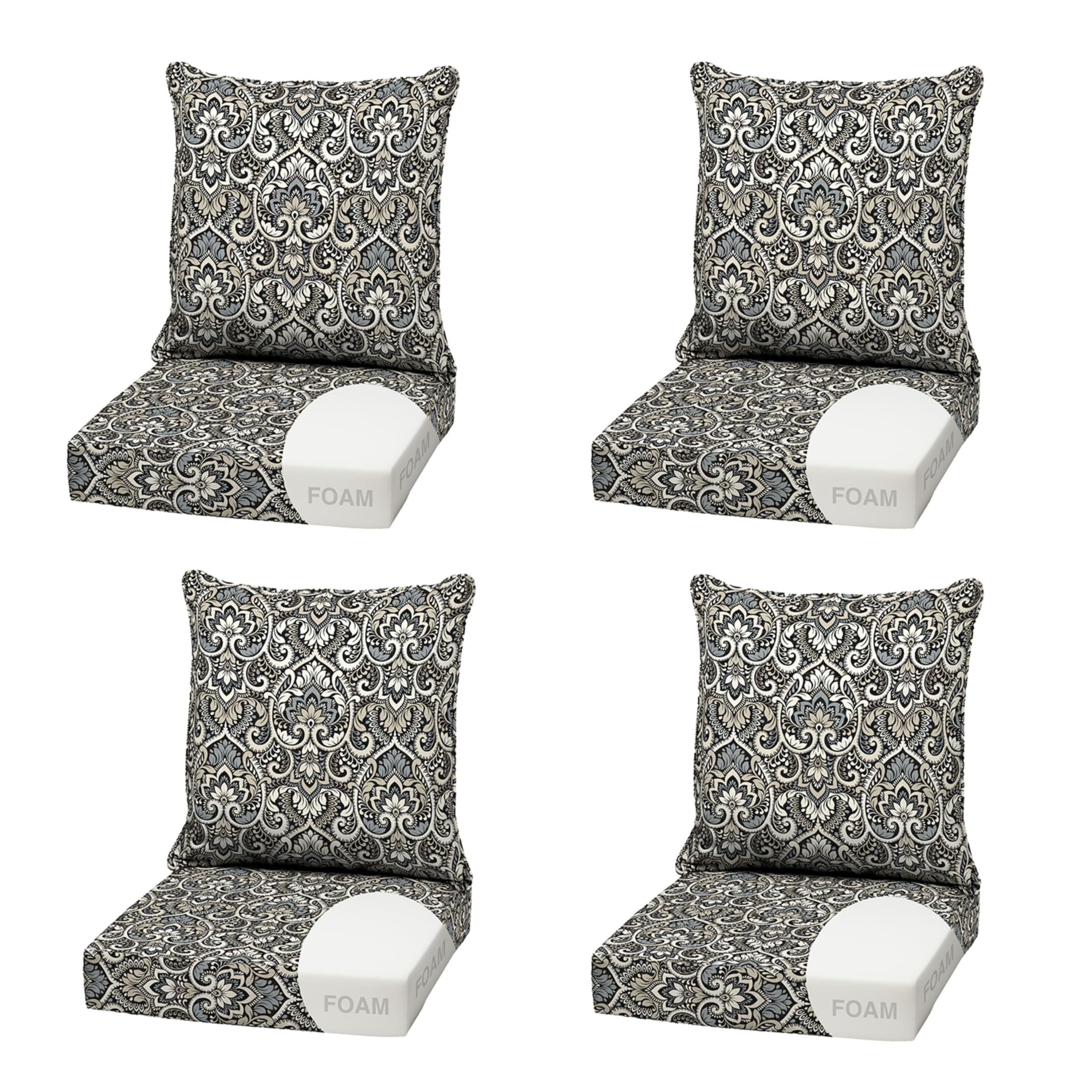 Arden Outdoor Deep Seat Cushion Set, Foam, 4-Pack, 22x24, Black Damask