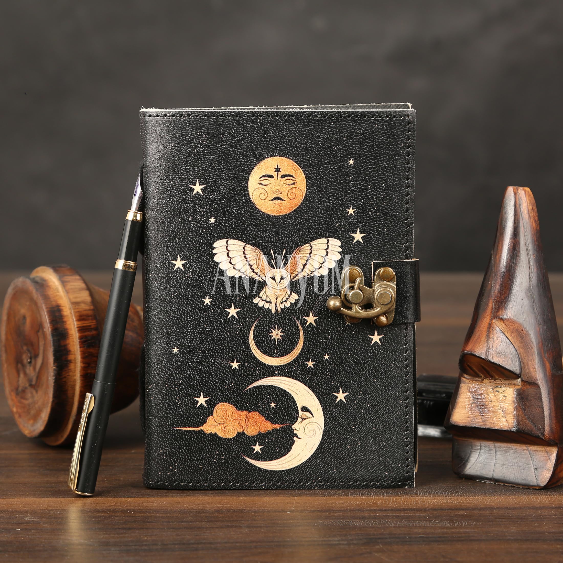 ANANYOM Handmade Black Leather Journal, Sun & Moon Embossed Notebook Diary, 7" x5” Vintage Sketchbook with Brass Clasp - Image 2