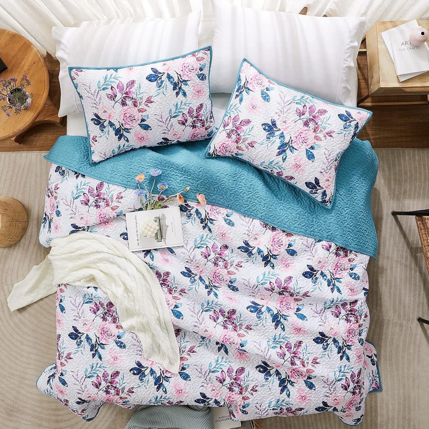 WRENSONGE Floral Quilt King Size - Reversible Botanical Flower Quilt Bedding Set Lightweight Bedspread Soft Coverlet for All Seasons (106"x94")