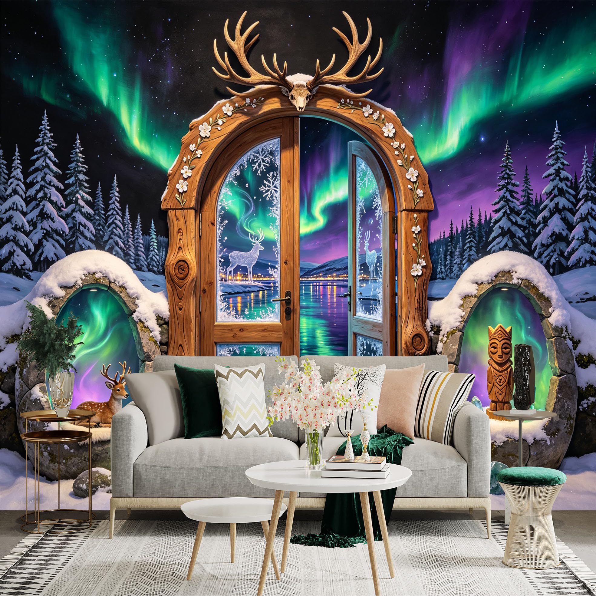 Custom Size Wall Sticker Mural， Aurora Borealis Winter Forest Wooden Door Reindeer Lake Fantasy， for wall Decoration， peelandstick wall Decals.