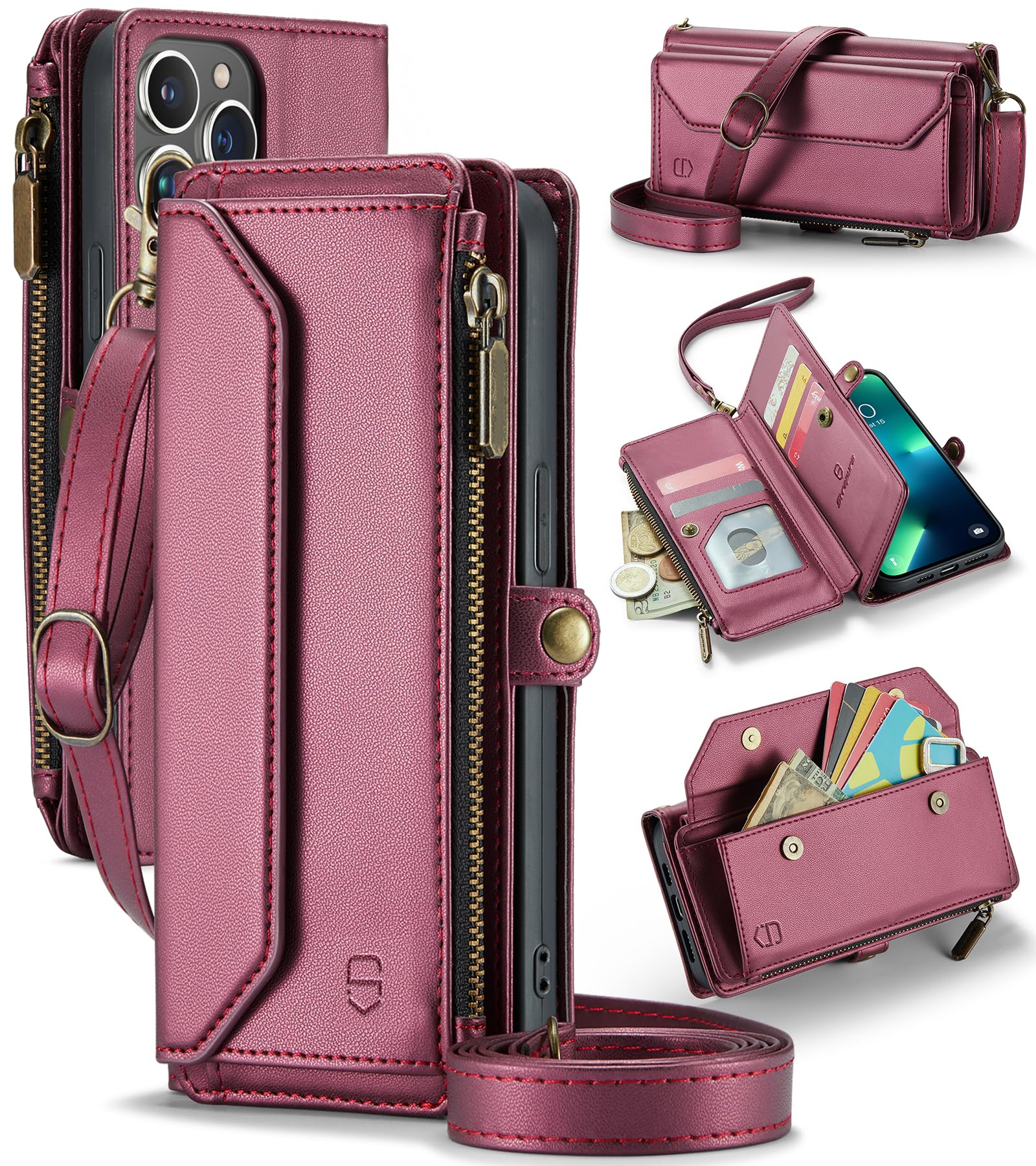 Strapurs Crossbody for iPhone 13 Pro Wallet Case?RFID Blocking?with 7-Card Holder Zipper Bills Slot, Soft PU Leather Magnetic Wristlet Shoulder Strap for iPhone 13 Pro Case Wallet for Women, Wine Red