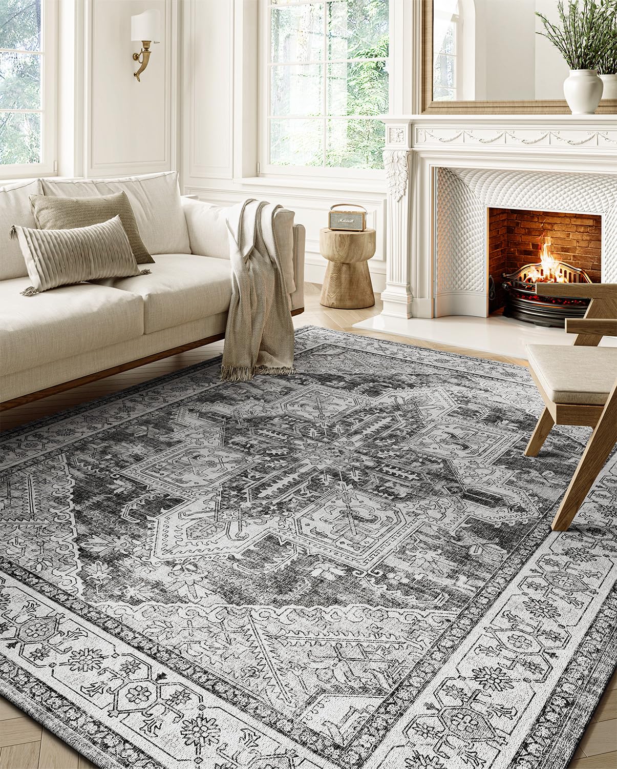 Boho Area Rugs Machine Washable for Living Room Bedroom, Large 5x7 Vintage Non-Slip Stain Resistant Floor Carpet Indoor for Kitchen Dining Room Office Home Decor, Gray