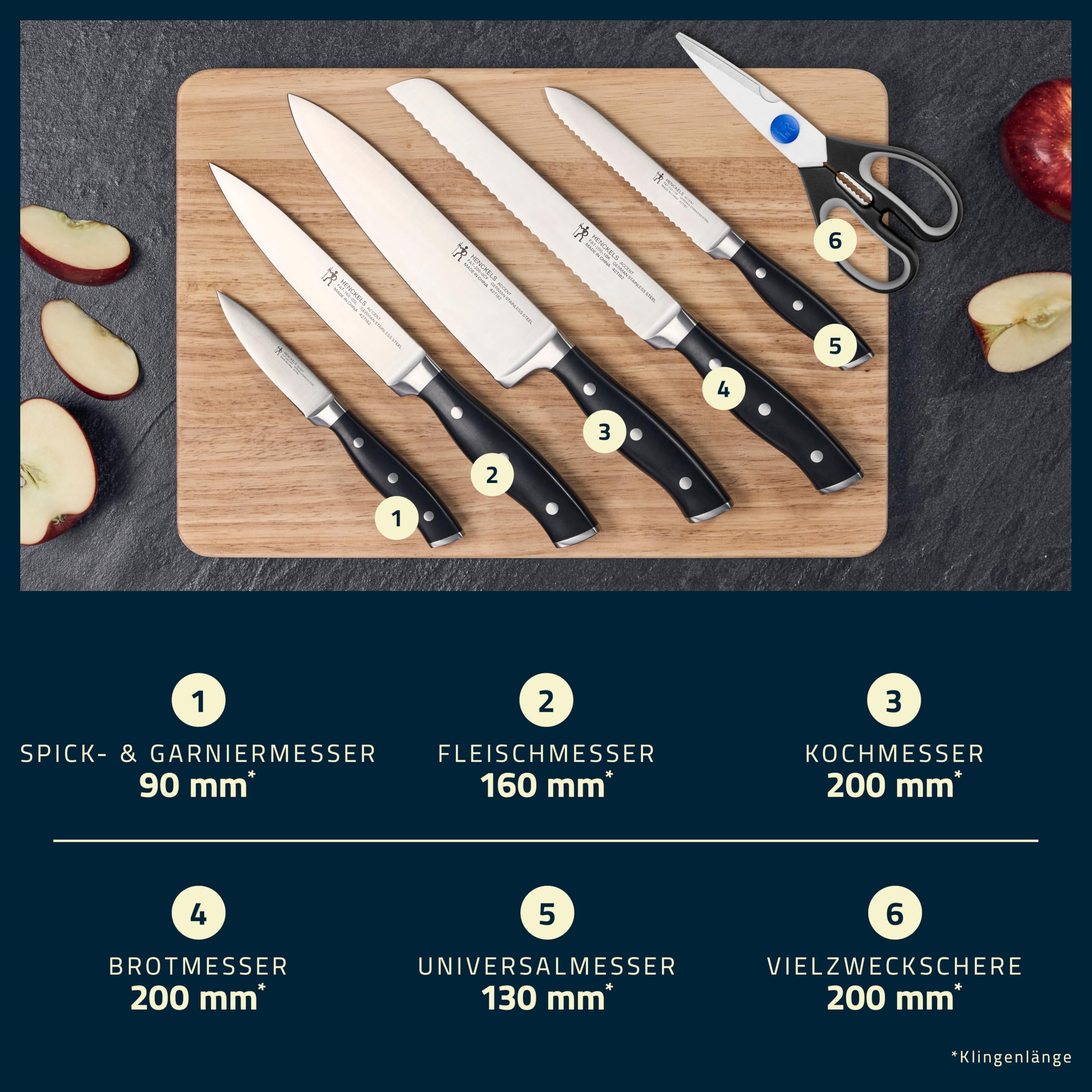 HENCKELS Accent Messerblockset 7-teilig, Messer-Set, Schere, Kautschuk-Holz | Natur-Optik