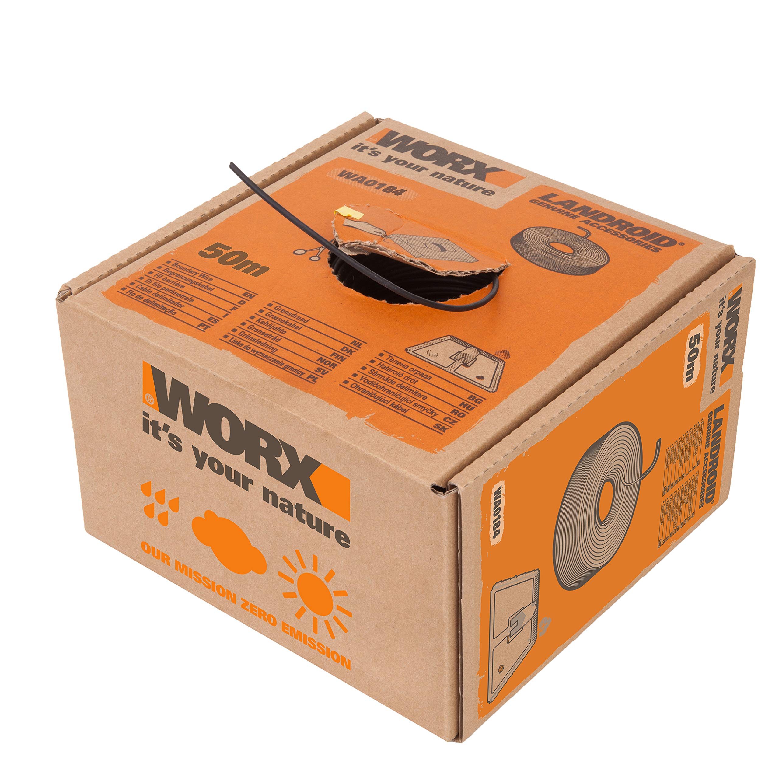 WORX WA0184 Kabel Ograniczający Obszar Koszenia do Kosiarek Automatycznych, Czarny, 50 m & WORX Wa0179 Śledzie do Mocowania Drutu Ograniczającego do Robota Koszącego Landroid