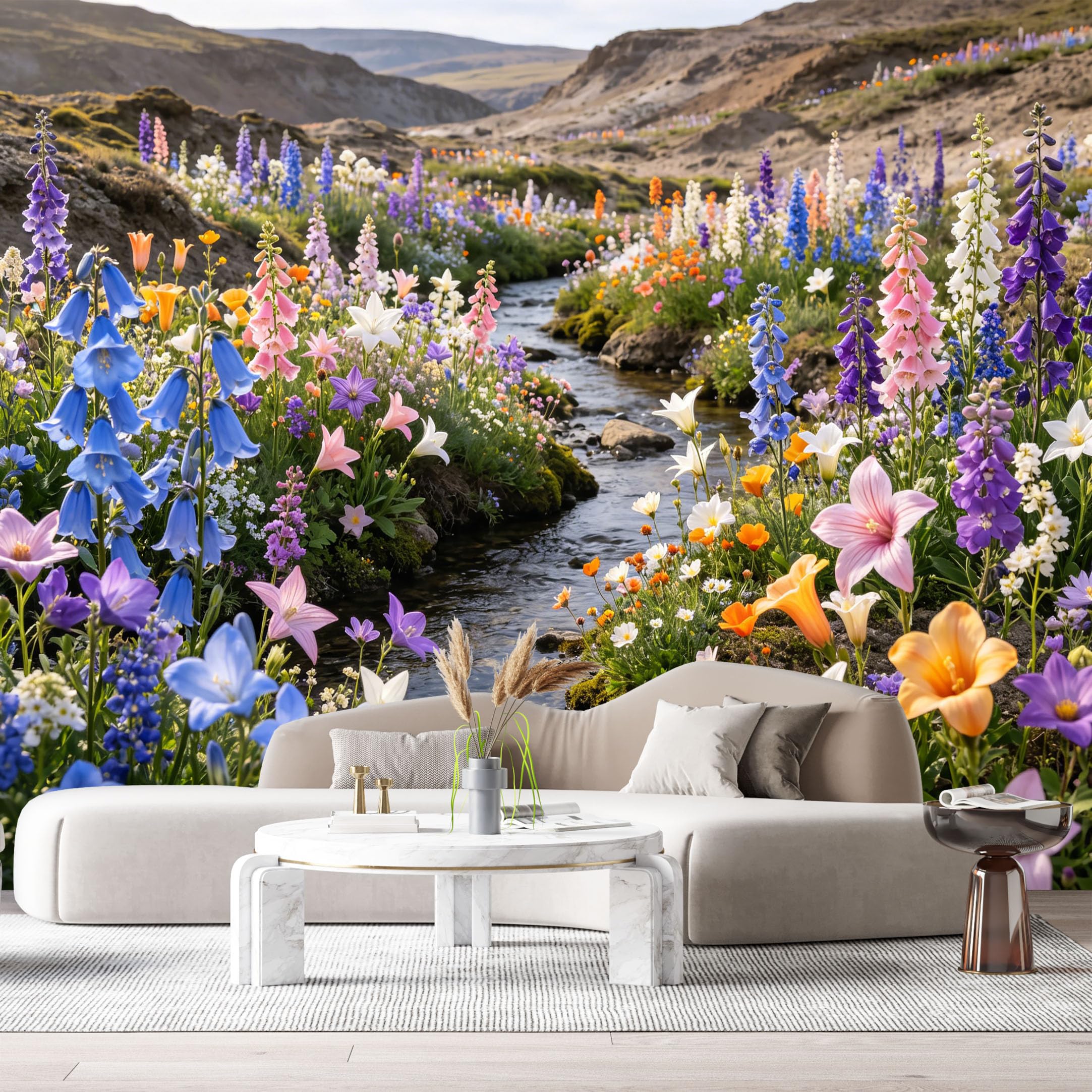 Custom Size Wall Murals Colorful Botanical Landscape Watercolor Spring Creek Wildflowers Mountain Stream SelfAdhesive Wall Fabric Removable Large Wallpaper for Living Room