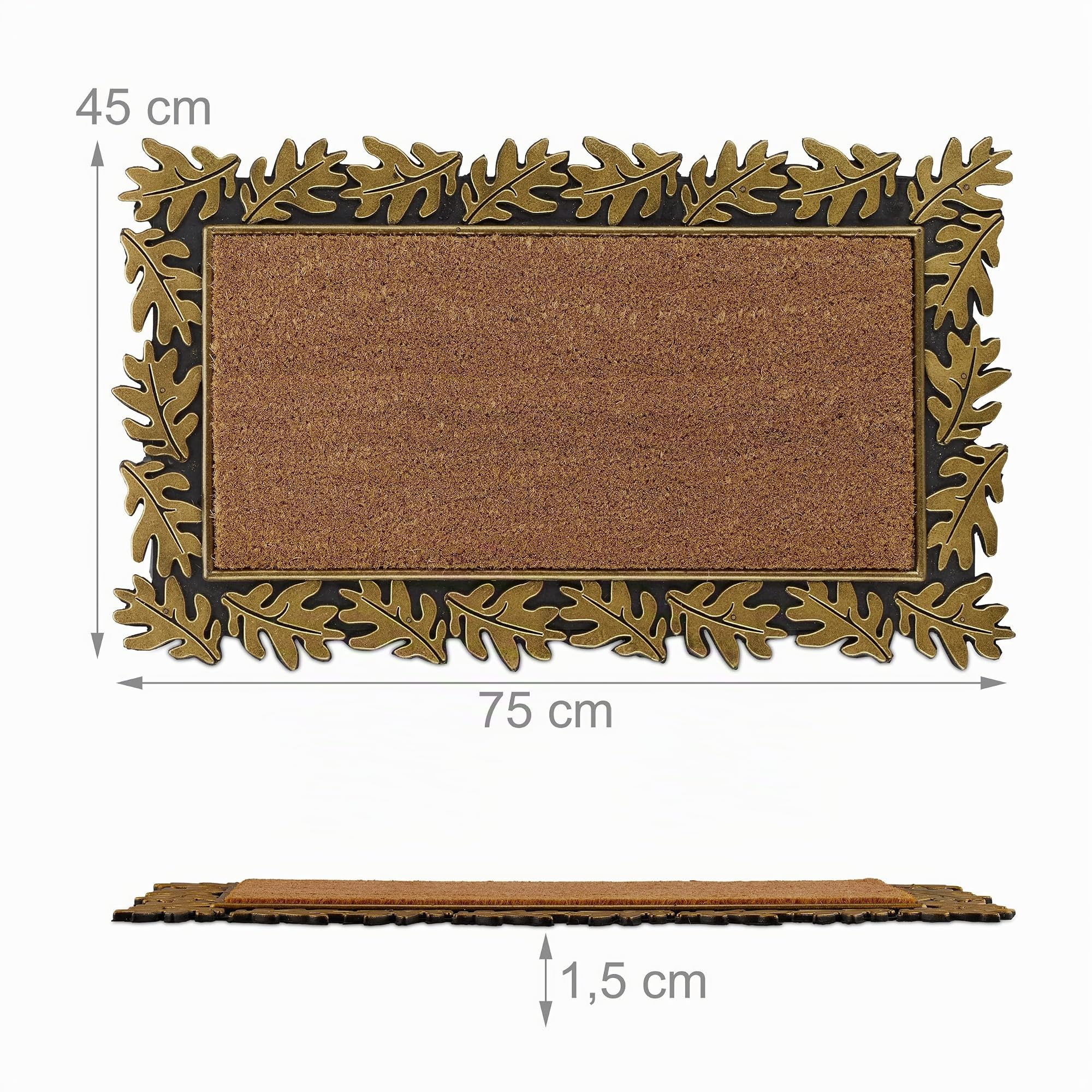 Relaxdays Paillasson Feuilles, Coco Caoutchouc, 45x75 cm, Tapis d’entrée intérieur extérieur, antidérapant, doré