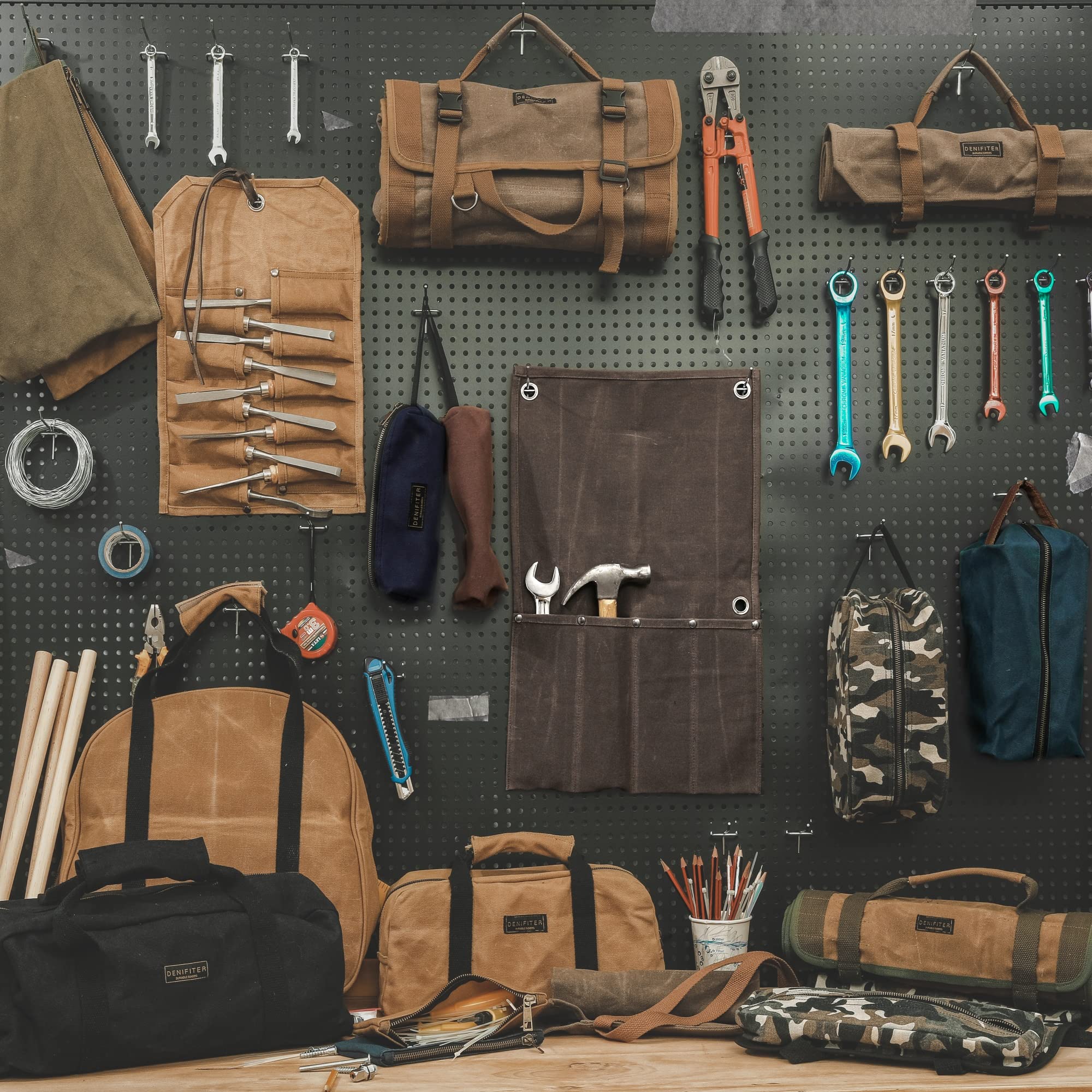 Werkzeug-Rolltasche, Werkzeugrolle für Schraubenschlüssel, aus strapazierfähigem16oz gewachstem Segeltuch, Mehrzweck, Werkzeug-Organizer mit 6 Taschen(grau)