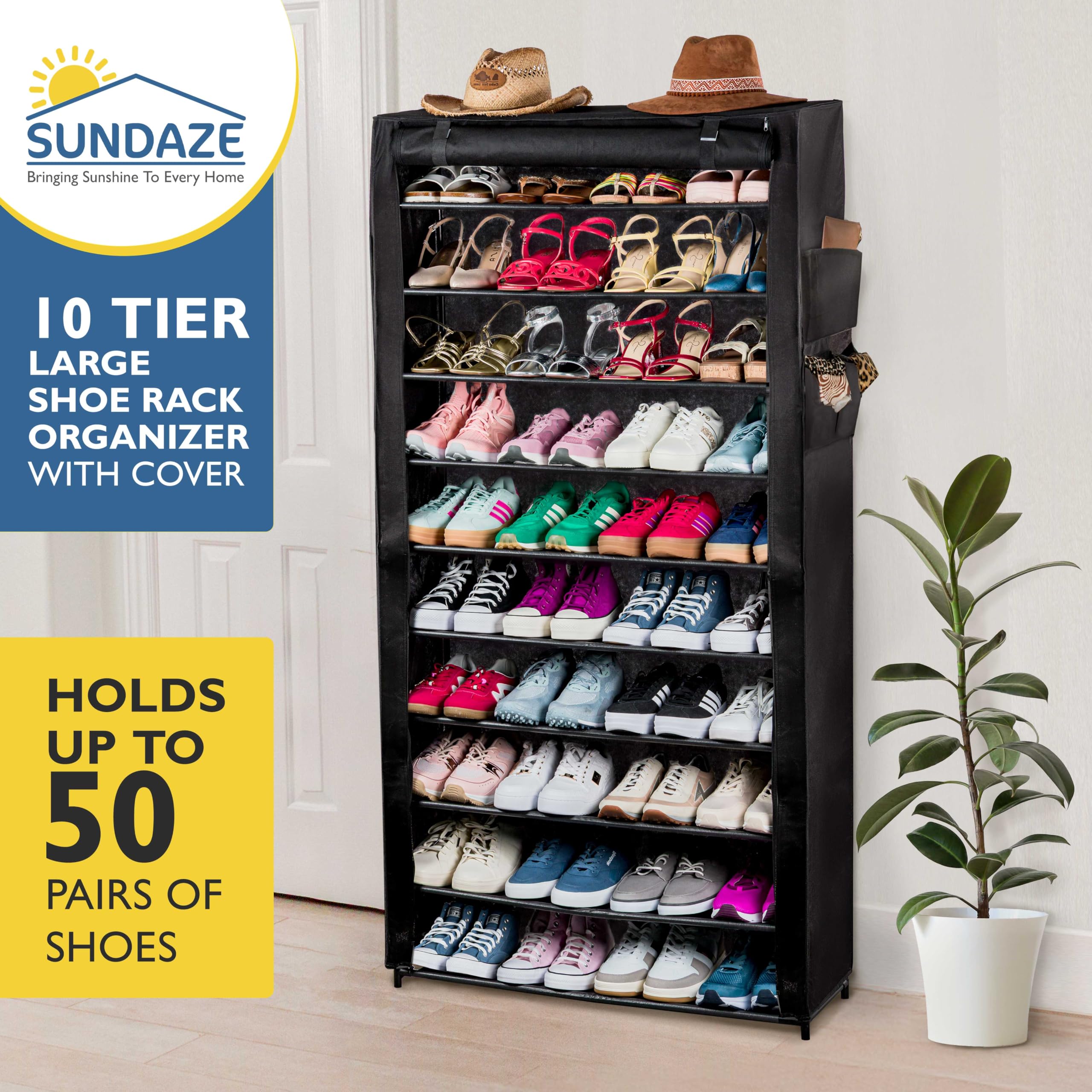 Sundaze Shoe Rack with Cover - 10 Tier Shoe Organizer, Sturdy Tall Shoe Rack for Closet, Bedroom, Garage, Non Woven Fabric Shelf, Black, Holds Up to 50 Pairs