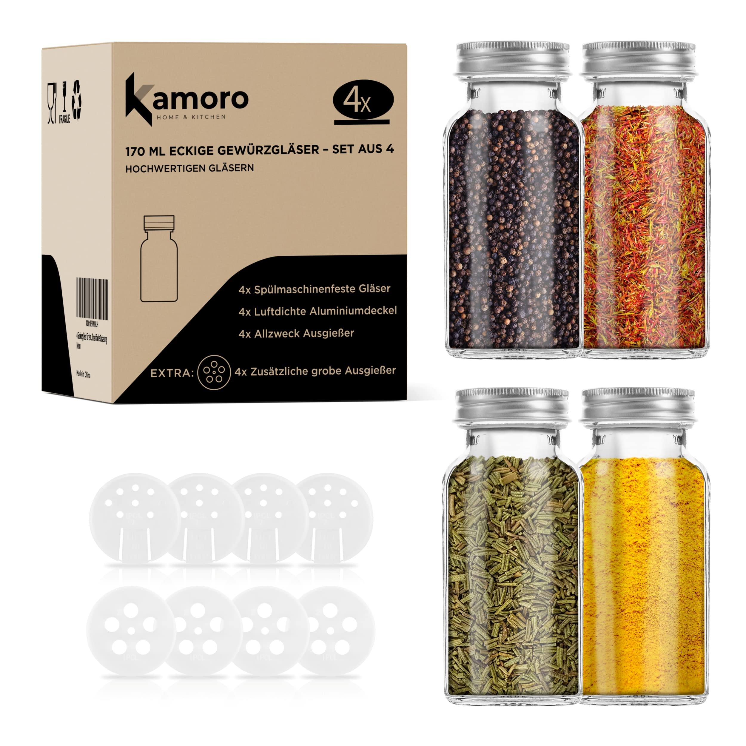 4 spice jars for easy storage of spices, thanks to the extra large 170 ml capacity ideal for refills