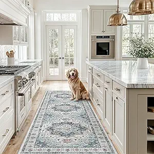 Madane Runner Rug 2'6''x8' Kitchen Runner, Hallway Runner Vintage Washable Rugs Soft Non-Slip Low Pile 2.5x8 ft Runners for Hallways Laundry Room Distressed Rug, Blue