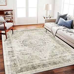 Area Rug 6'x9' Washable Vintage Floral Khaki Traditional Floor Cover Thin Retro Kitchen Indoor Distressed Non Slip Carpet for Living Room Bedroom Dining Room