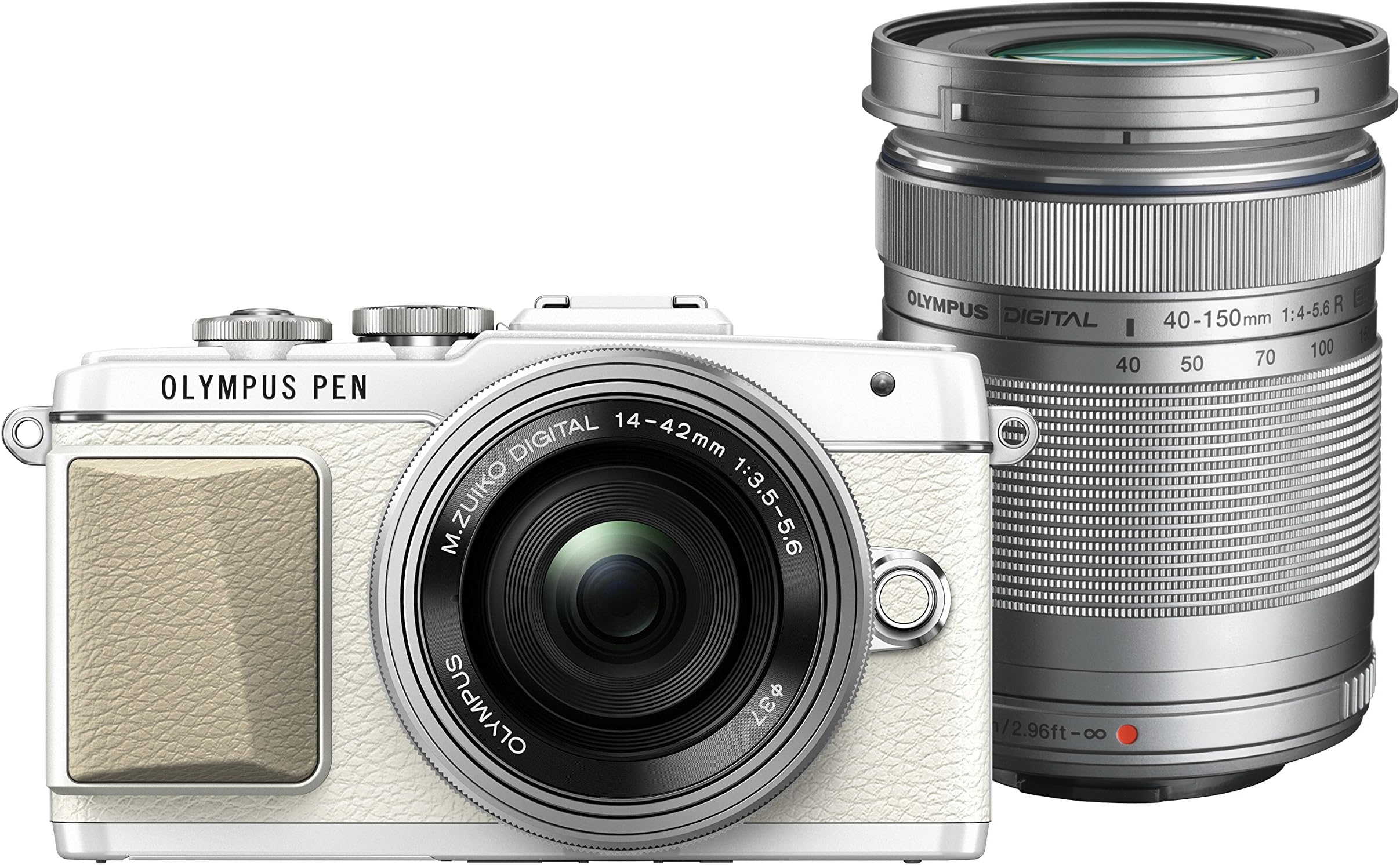 Olympus Pen Lite E-PL7 (White) with 14-42mm EZ and 40-150mm Lens (Silver) - International Version (No Warranty)
