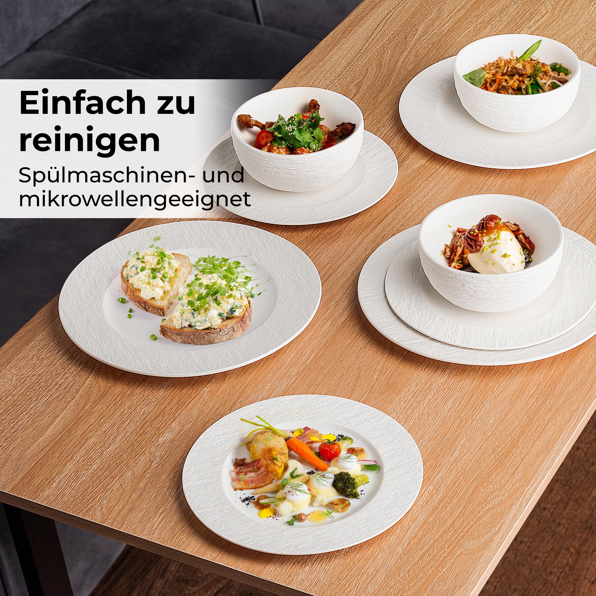 MIAMIO - Teller Set Keramik / 4er Set Speiseteller (28 cm) - Oasis (Weiß) | Modernes Keramik Teller Set, Teller für Hauptspeisen, Große Teller, Steingut Geschirr - spülmaschinenfest