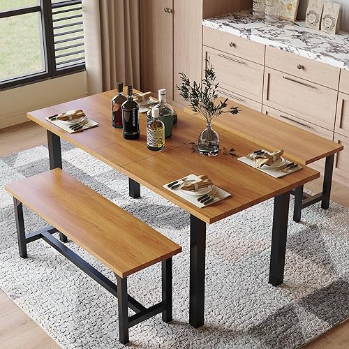 JUMMICO Juego de mesa de comedor para 4, mesa de cocina extensible de 62 pulgadas con 2 bancos, 3 mesas de comedor para espacios pequeños, sala de