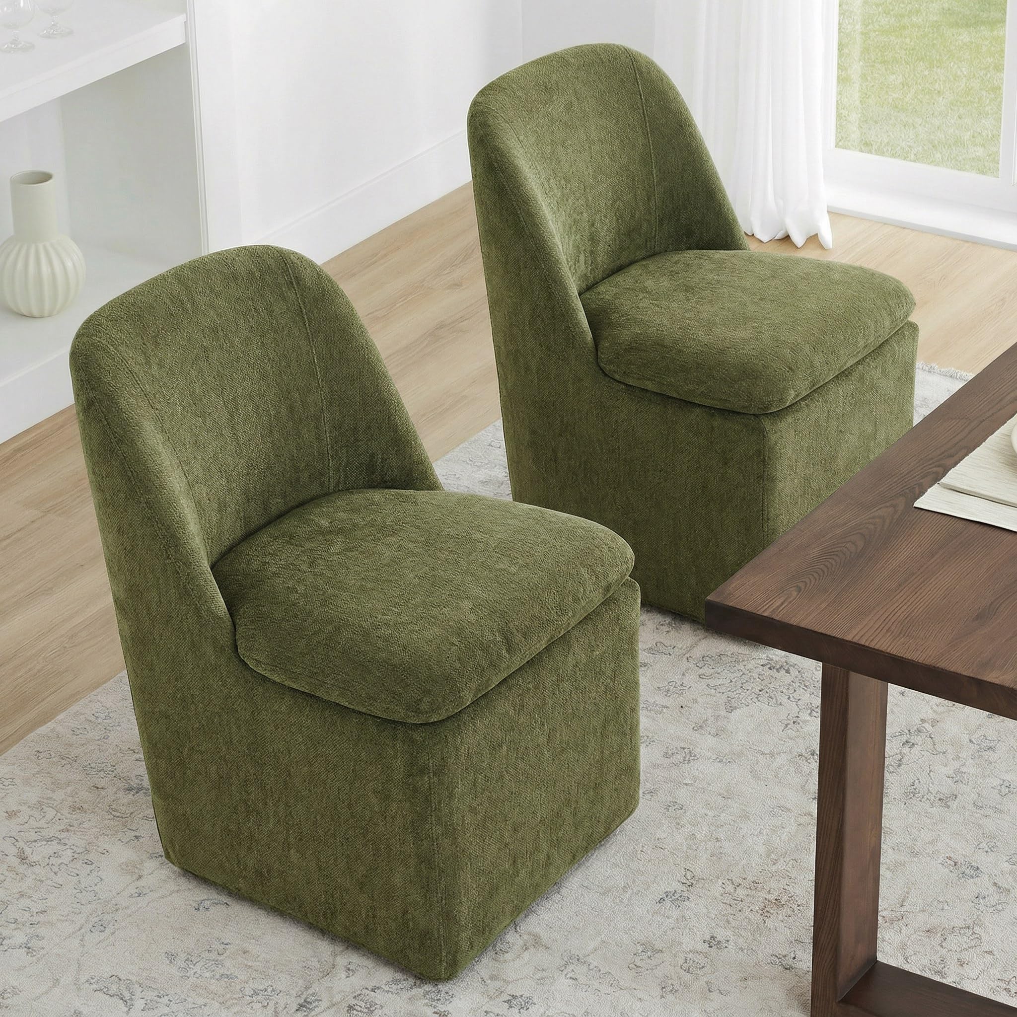 KISLOT Upholstered Dining Chairs Set of 2 with Casters, Modern Side Armless Deskchair with Washable Slipcover &amp; Sturdy Metal Frame for Diningroom Bedroom Livingroom Reading Room, Green Fabric