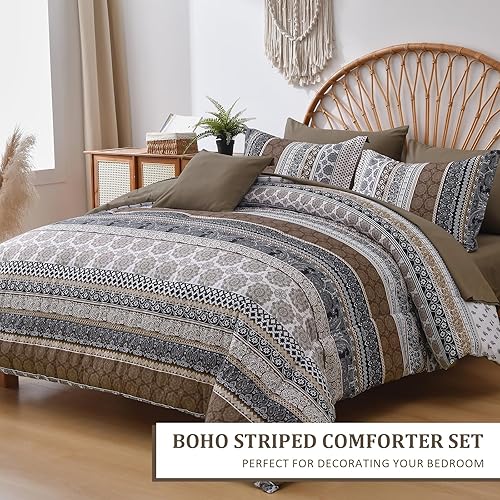 Miniatura 4 de Juego de edredón bohemio tamaño King, 8 piezas verde oscuro bohemio a rayas en una bolsa, juego de edredón de microfibra suave de cachemira