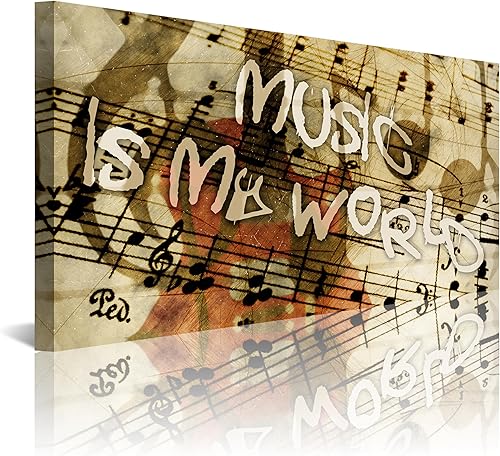 NAN Wind 1 lienzo con temática de música vintage, arte de pared con frase inspiradora "Music Is My World" en partituras vintage con estilo grunge