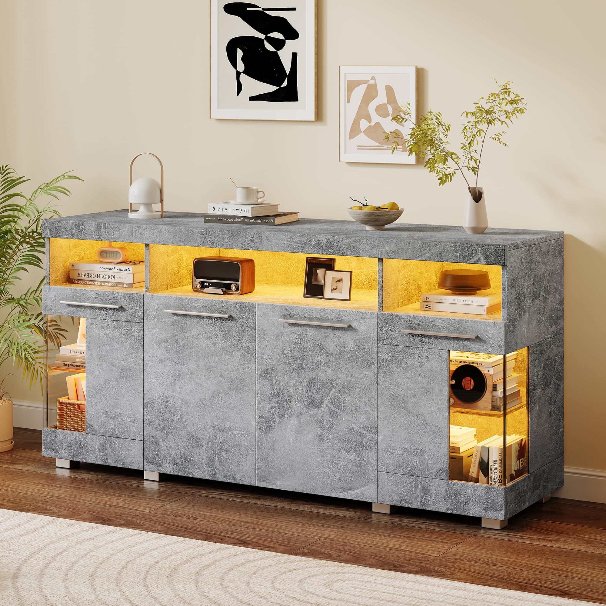 Sideboard Wohnzimmer, Sideboard 140cm breit, Kommode Flur mit LED Beleuchtung aus Gehärtetem Glas, 140x40x70cm, Grau