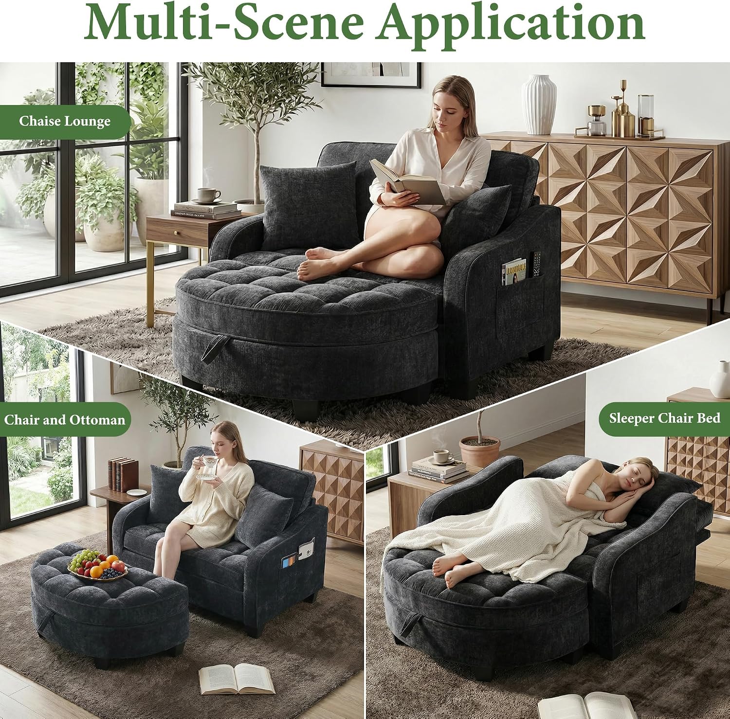Oversized Chaise Lounge Chair Indoor with Storage Ottoman, Cloud Boneless Reading Recliner Chair with Adjustable Backrest, Soft Chenille Circle Couch for Living Room, Apartroom,Bedroom (Black, 51"W)