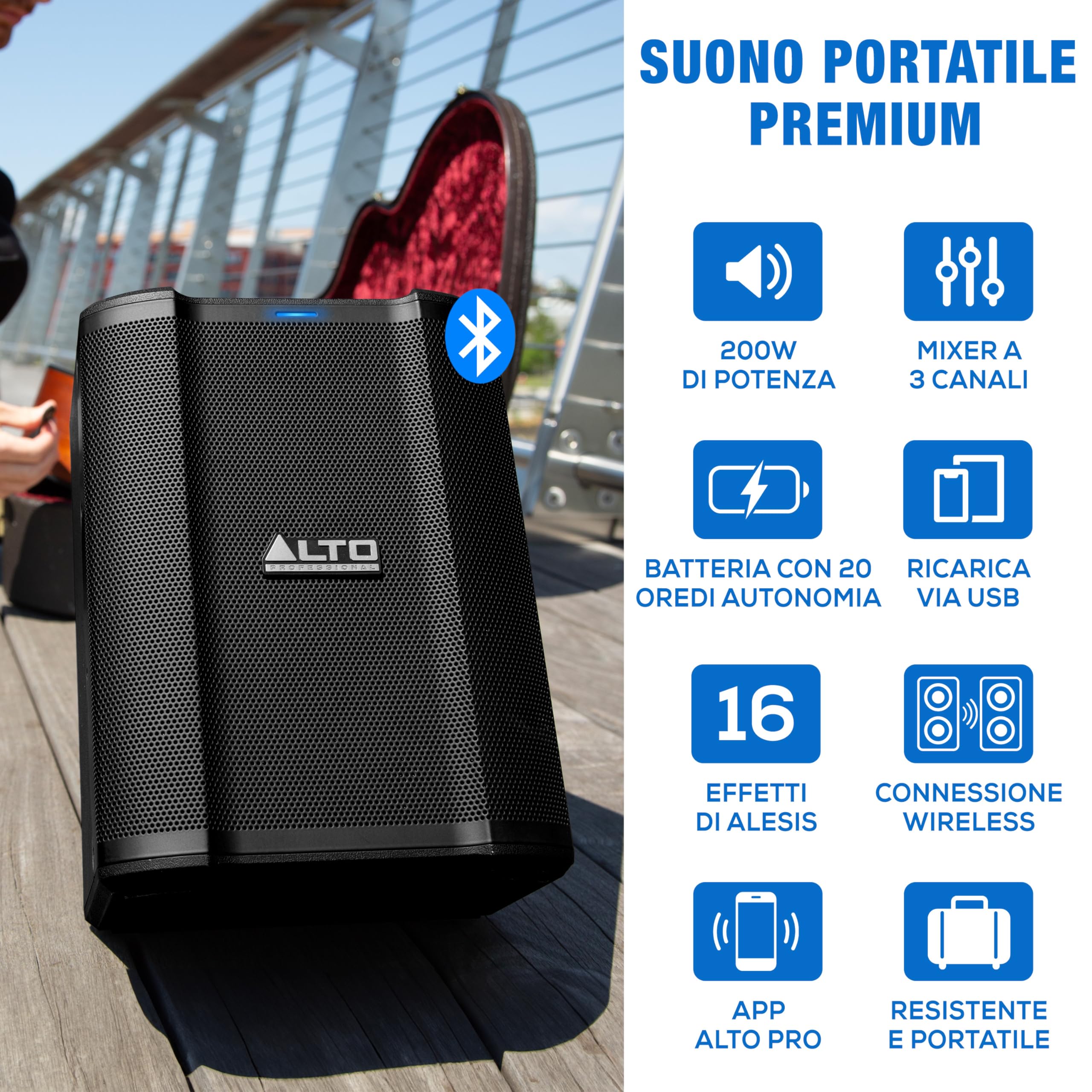 ALTO Busker Cassa Amplificata Portatile da 200W con Batteria Ricaricabile, Bluetooth, Mixer a 3 canali, Effetti Alesis, Controllo via App e Carica USB